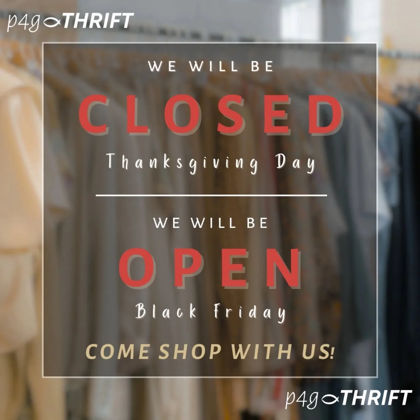 We will be C L O S E D on Thanksgiving Day, but will be O P E N on Black Friday!
Come in and shop with us for all your Christmas needs!
Open 11am-4pm!
🛍️ P4G Thrift
506 N Main St. Mount Vernon
.
.
.
.
@place4grace 
@p4g_thrift 
#place4grace #p
