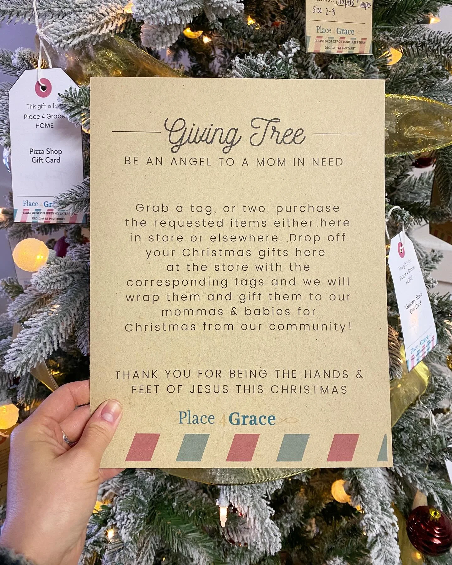 We pulled out our Giving Tree again this year! 🌲
Bless a momma or baby with their specific needs for Christmas!
Grab a tag, or two, purchase the requested items and drop them off at p4g THRIFT no later than Dec 14th with the corresponding  tag! 📅