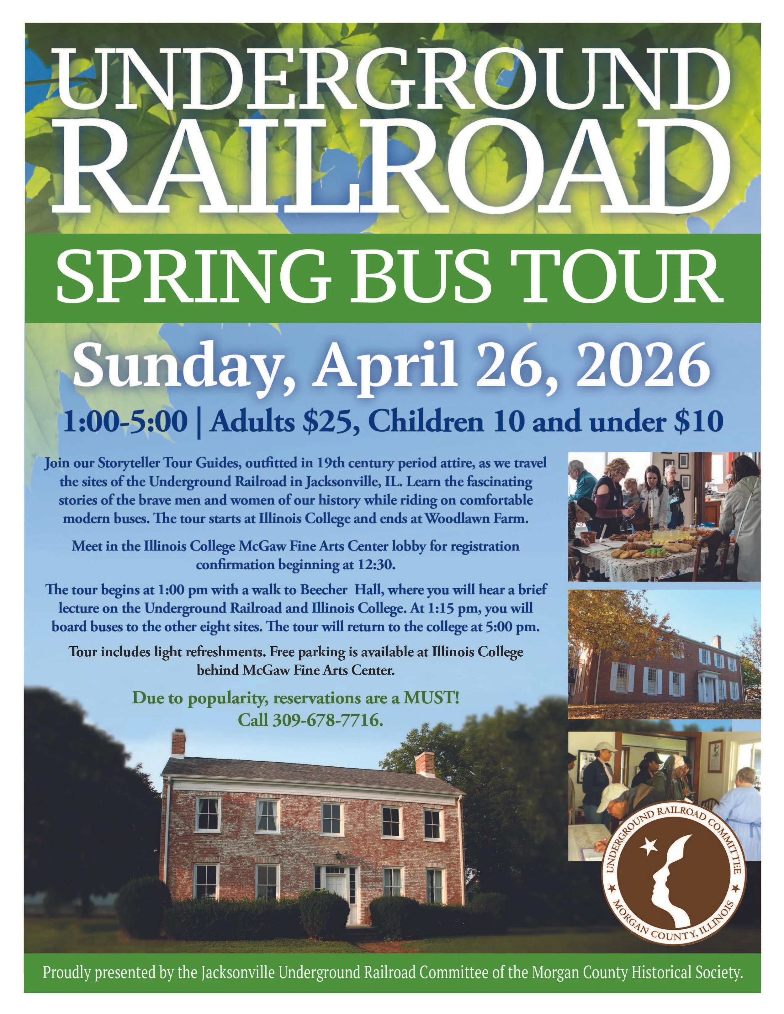 Poster for spring bus tour including date, time, RSVP instructions and a photo of Woodlawn Farm.