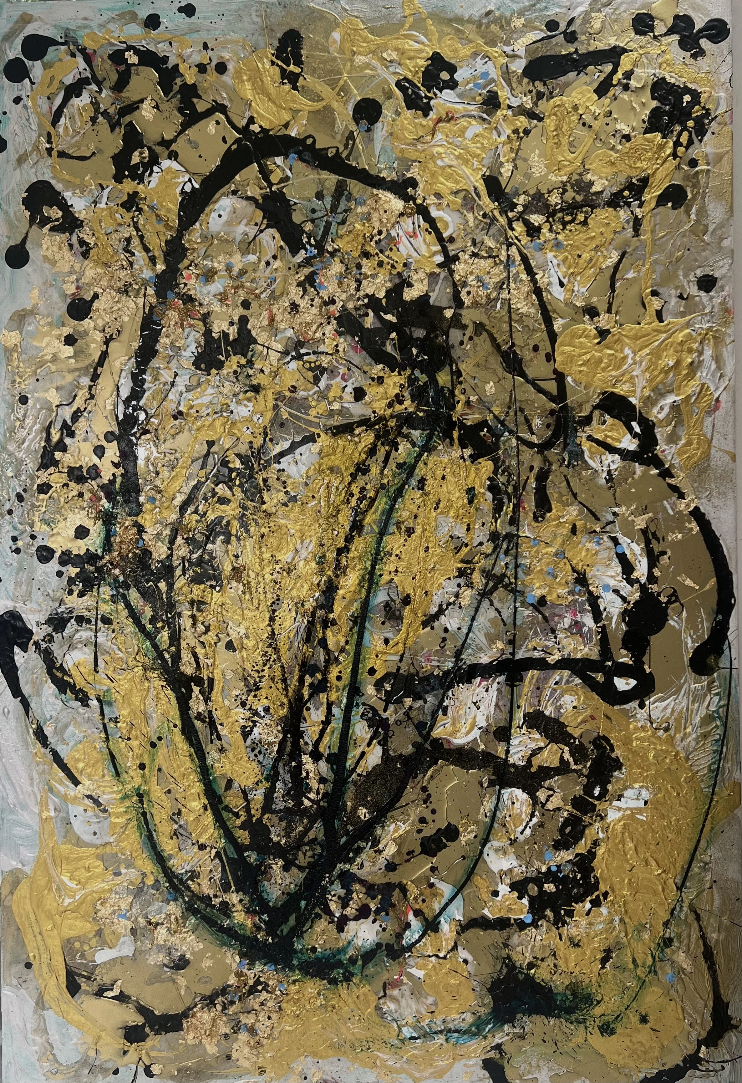 Golden Tempest, 2025, acrylic and gold leaf on canvas, 40 x 60 in