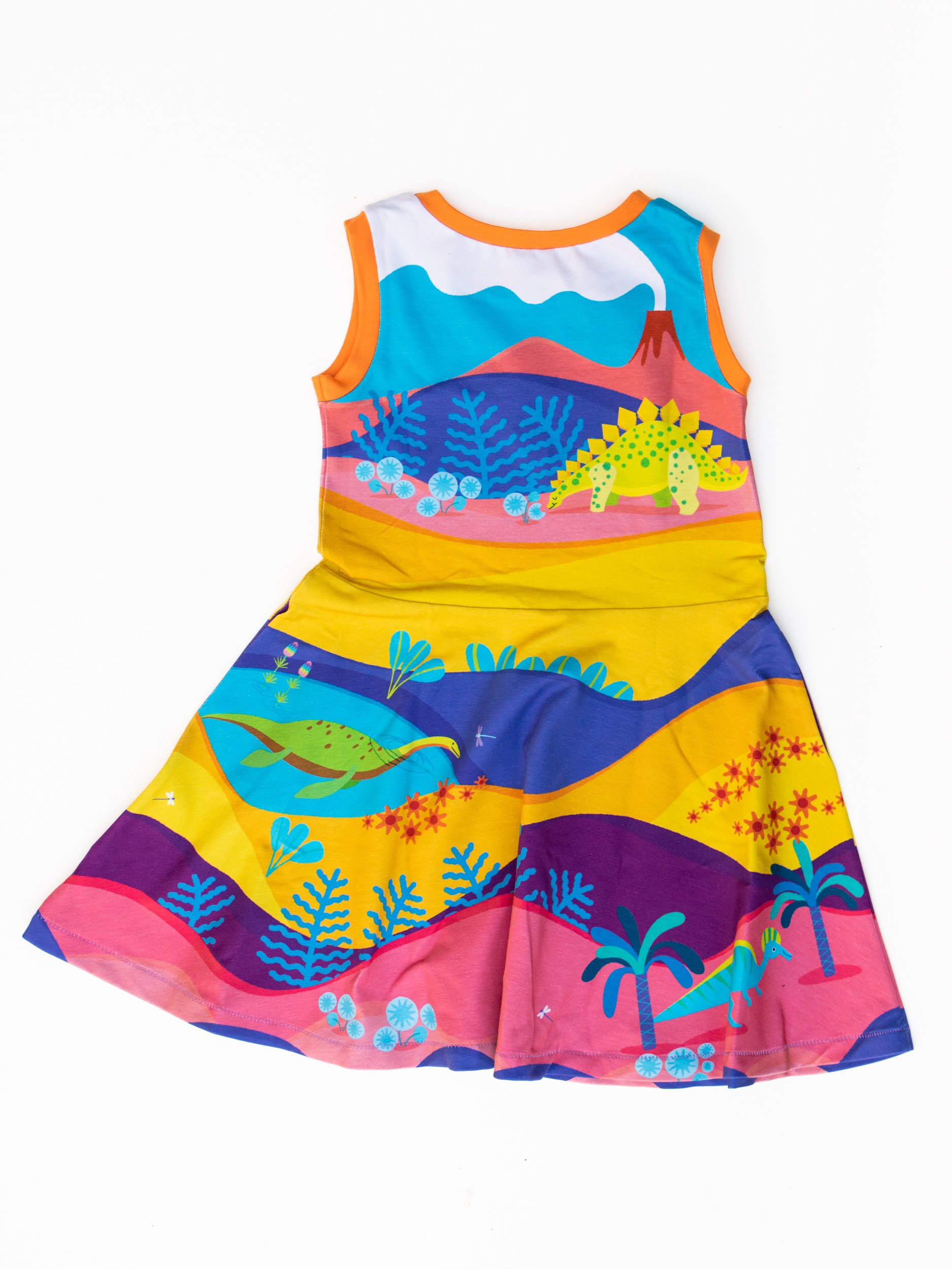 Skaterkleid aus Bio-Baumwolle -mit Taschen- in den Farben orange, türkis, pink - Dinosaurierlandschaft T-Rex, Diplodocus