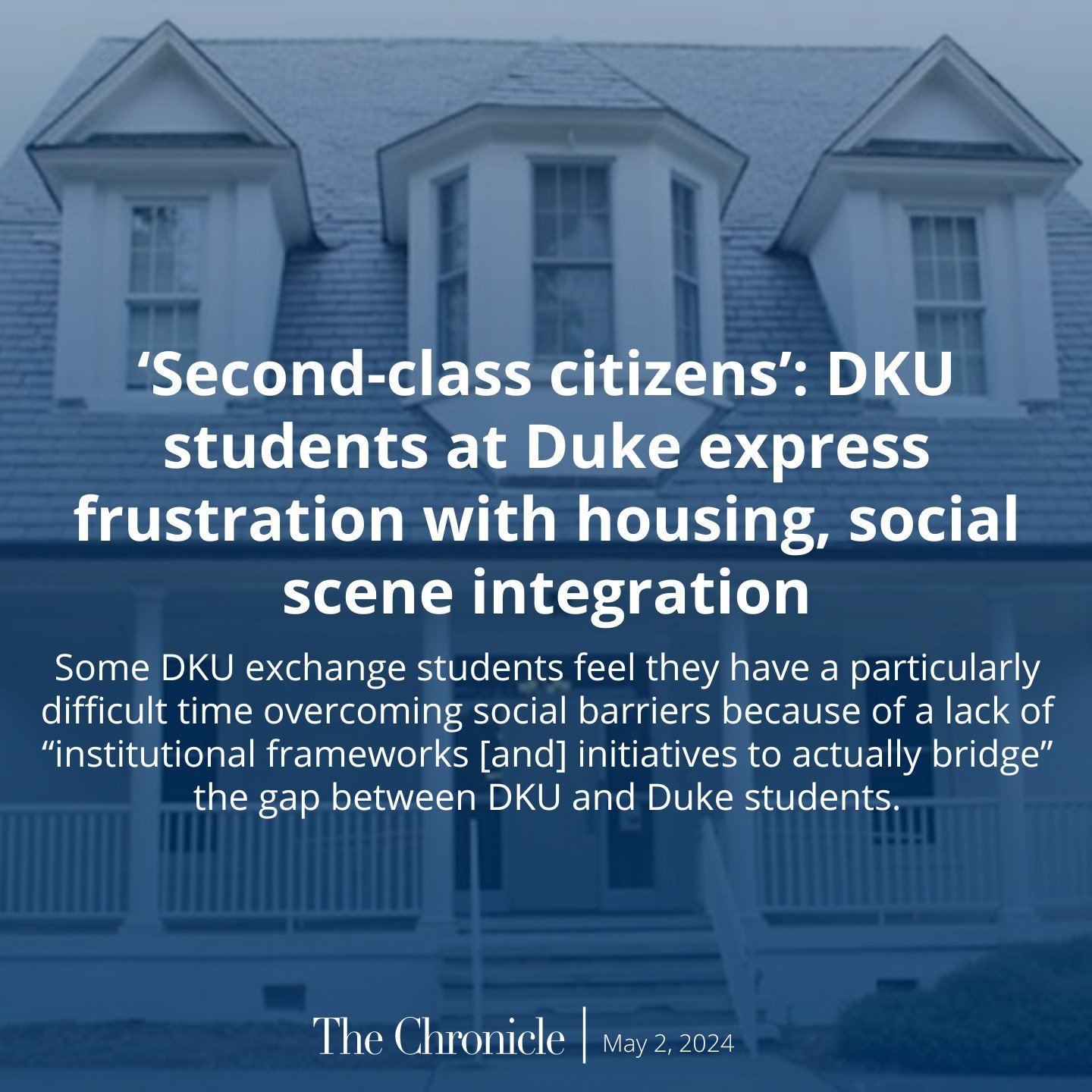 Duke Kunshan University exchange students reported challenges establishing a sense of community at Duke, citing frustration with housing and difficulty integrating into the campus social scene.

The first DKU study abroad cohort spent a semester in D