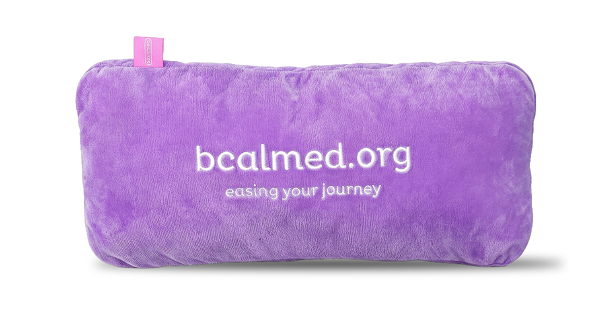 A purple plush pillow with the text "bcalmed.org easing your journey" embroidered on it. bcalmed comfort cushion