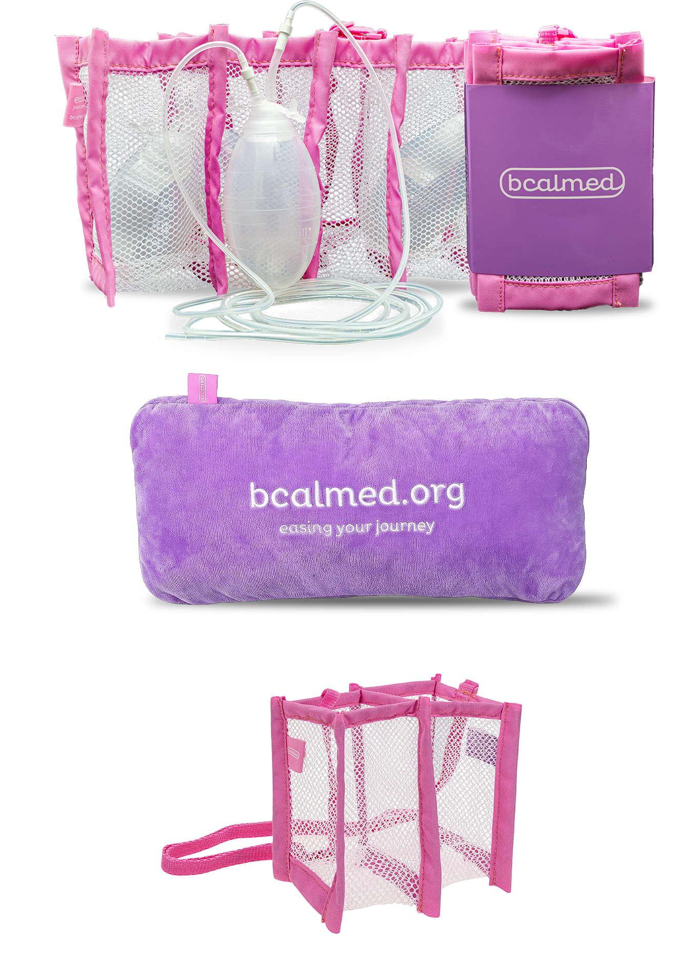 The bcalmed 4 pouch mesh drainage bag in pink, the bcalmed comfort cushion, the bcalmed 2 pouch mesh drainage bag in pink