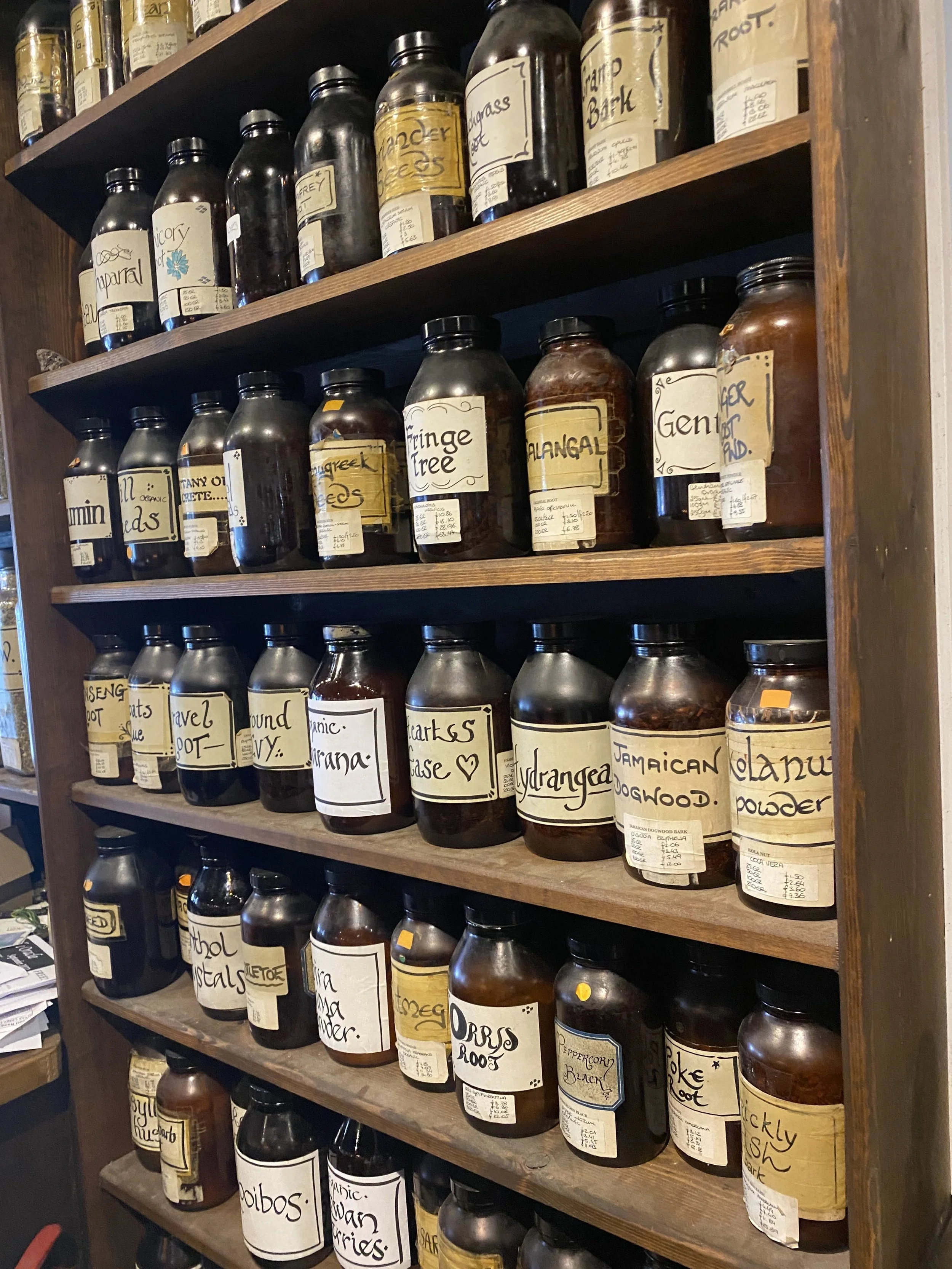 	
Glastonbury retreat High street. s Wooden shelves filled with large amber glass jars with handwritten labels containing various herbal and natural remedies or tinctures.