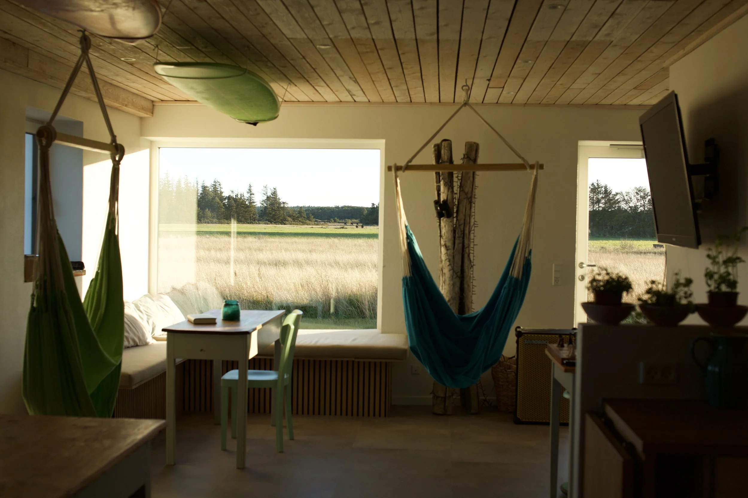 Indoor room with large window showing an outdoor field, hanging hammock chair, green surfboard on ceiling, small table and chair near window, and a wall-mounted TV.
