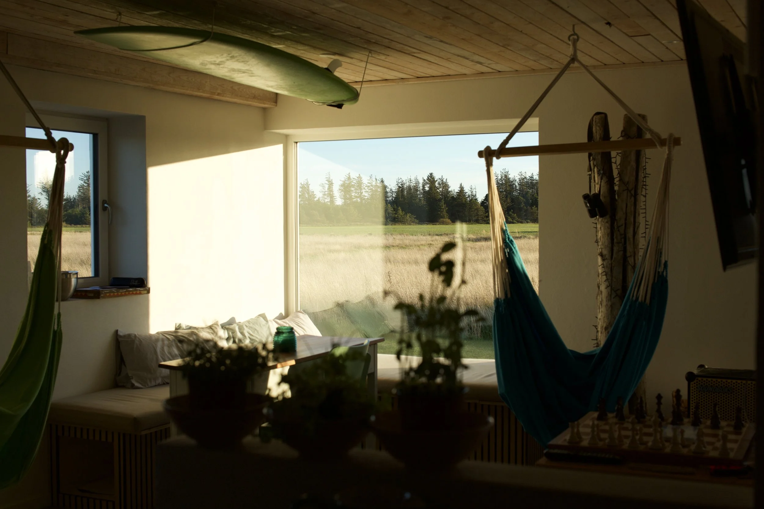 Sunlit interior room with large window showing a grassy field and trees, hammock hanging from the ceiling, and surfboard mounted on the ceiling.