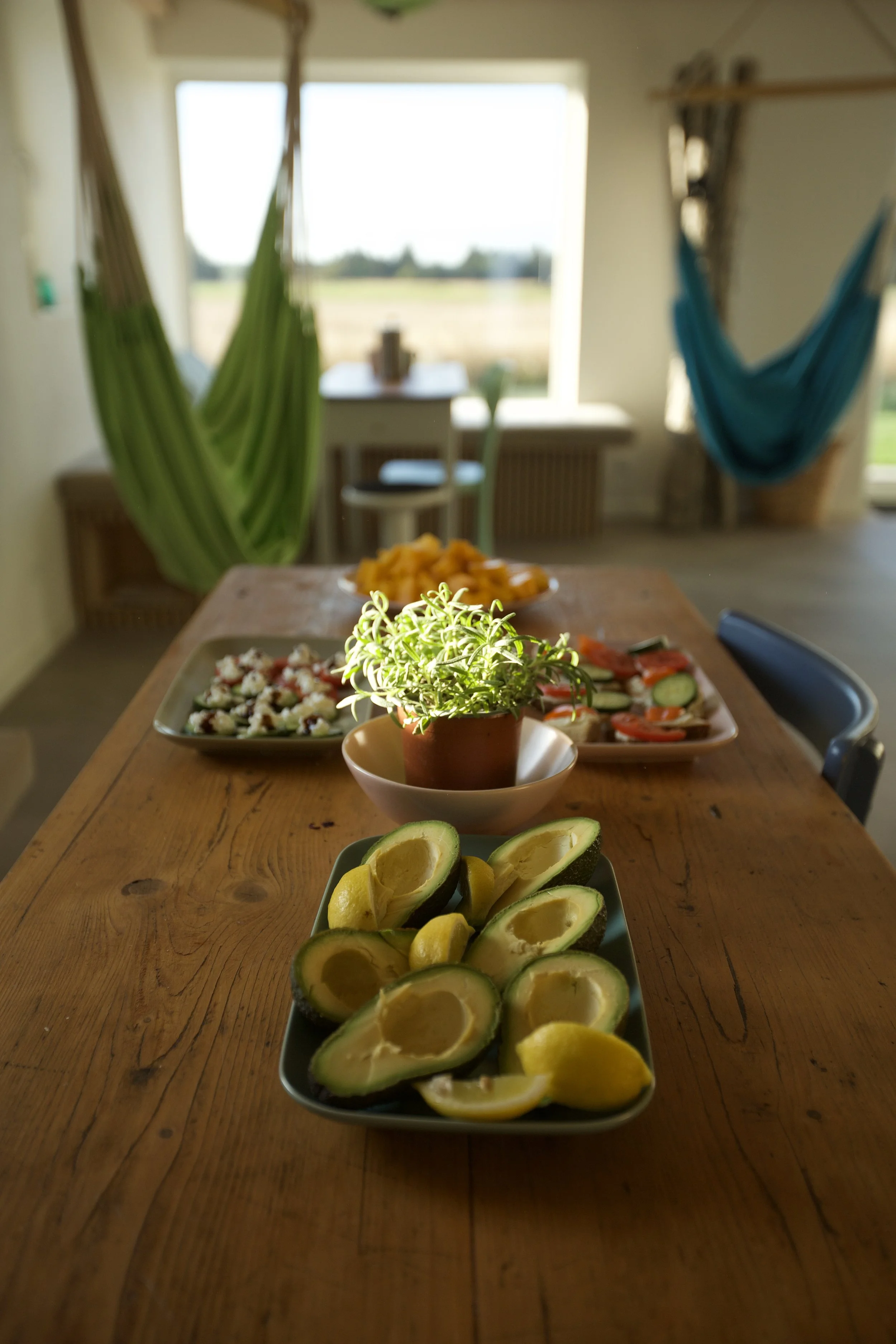 Fresh avocados cut in half on a plate, with lemon wedges behind them, on a wooden table with other plates of food in the background. The setting appears to be a cozy, well-lit room with large windows and hanging chairs or swings.