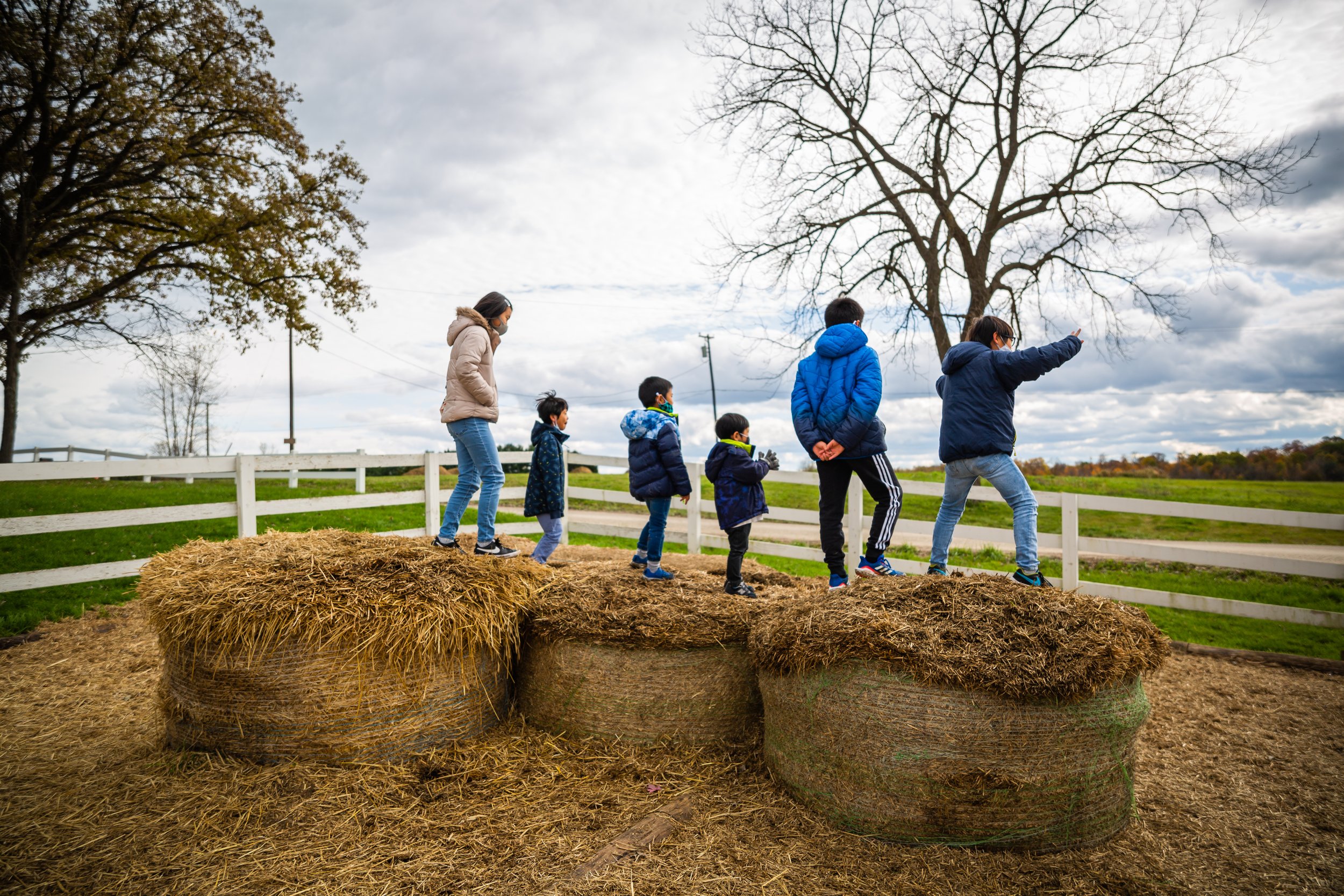  A family plays on the hay bales at Plymouth Orchard in Plymouth, Mich. in Oct. 2021. Tess Crowley/The Michigan Daily. 