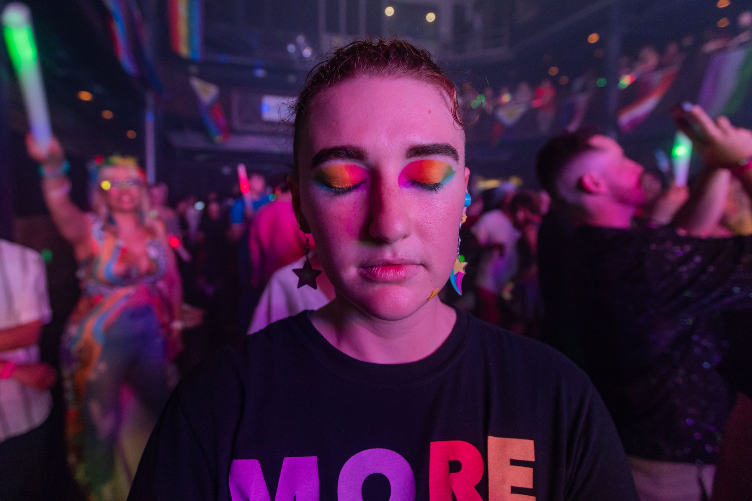  Nonbinary artist Jay Spears poses on the first floor of NorVa's Studio 54 PrideFest Block Party in Norfolk, Va. on Friday, June 23, 2023. (Tess Crowley / The Virginian-Pilot) 