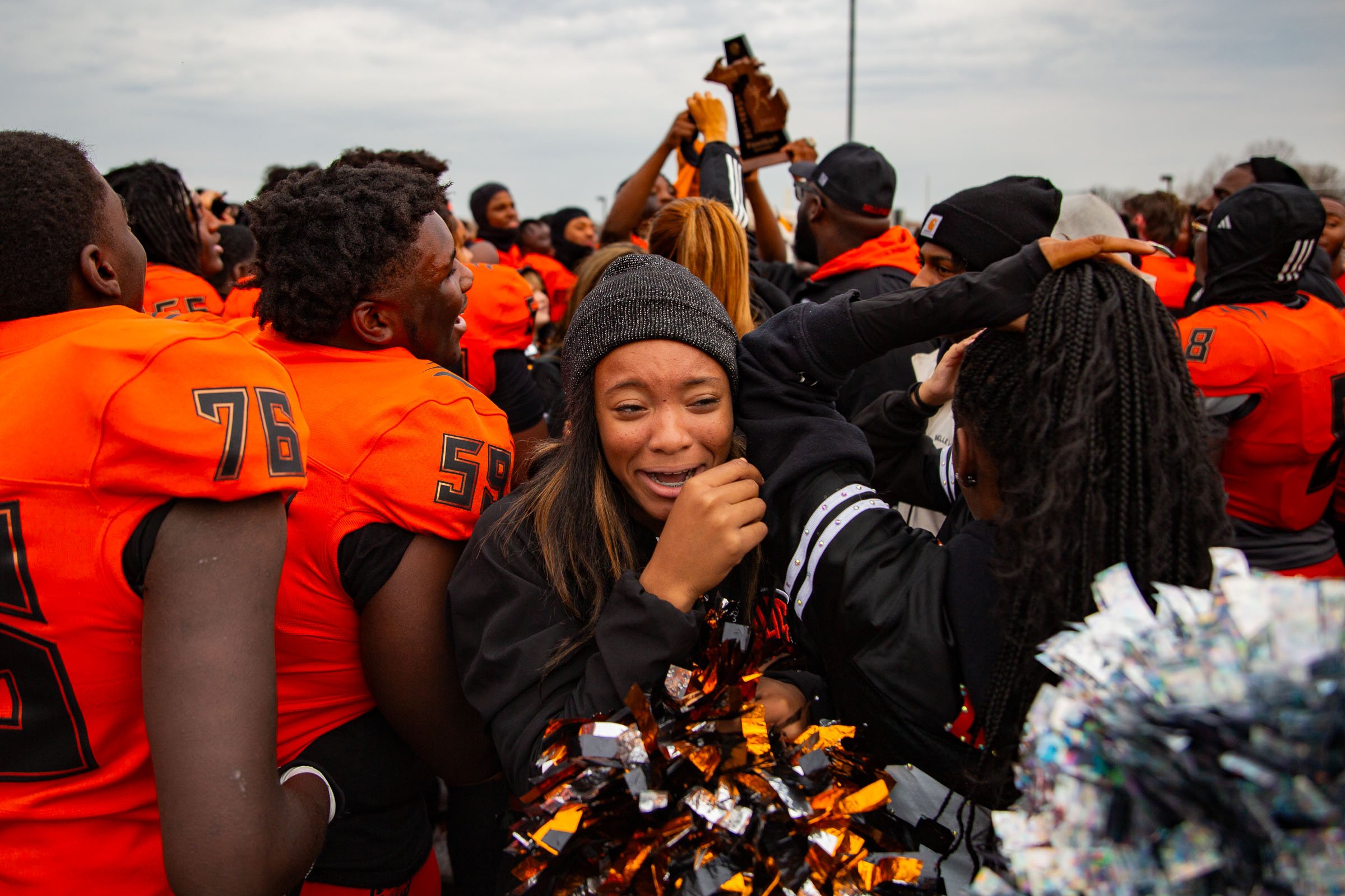  A Belleville cheerleader celebrates after a MHSAA playoff district final high school football game at Belleville High School on Saturday, Nov. 4, 2023. Belleville won the game over Saline, 65-14. (Tess Crowley | For MLive.com) 