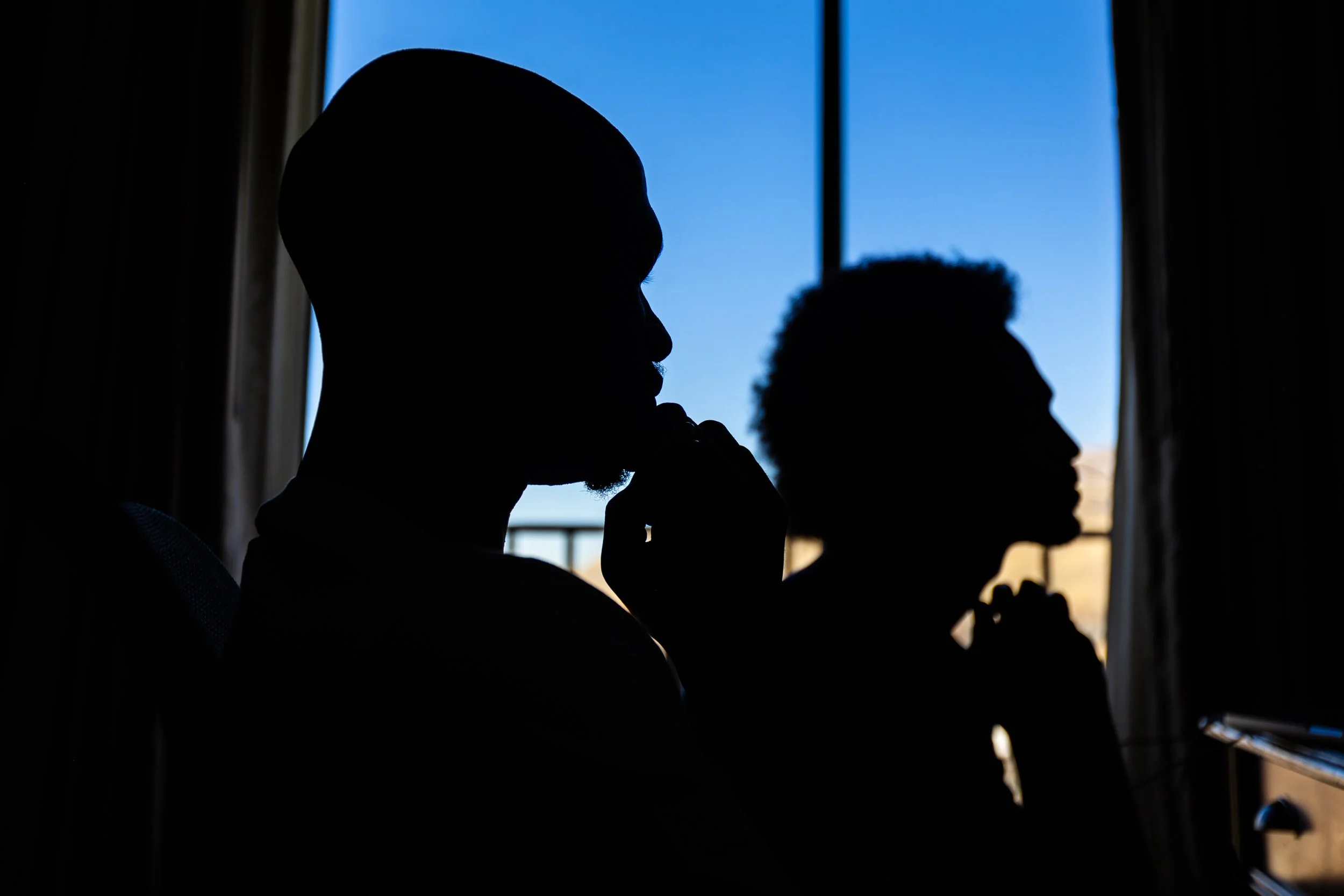  “Khartoum” directors Anas Saeed, left, and Timeea Mohamed Ahmed, right, are interviewed by Awards Radar journalist Shane Slater on Zoom, along with the two other Sudanese directors, at the Salt Lake Plaza SureStay Hotel in Salt Lake City on Tuesday,