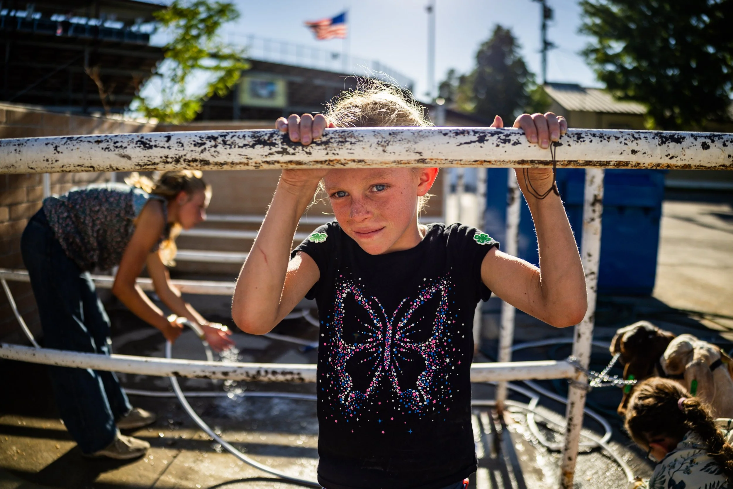  Malia Clark, 10, from Benjamin, takes a break from washing goats at the Utah County Fair in Spanish Fork on Friday, August 1, 2025.  