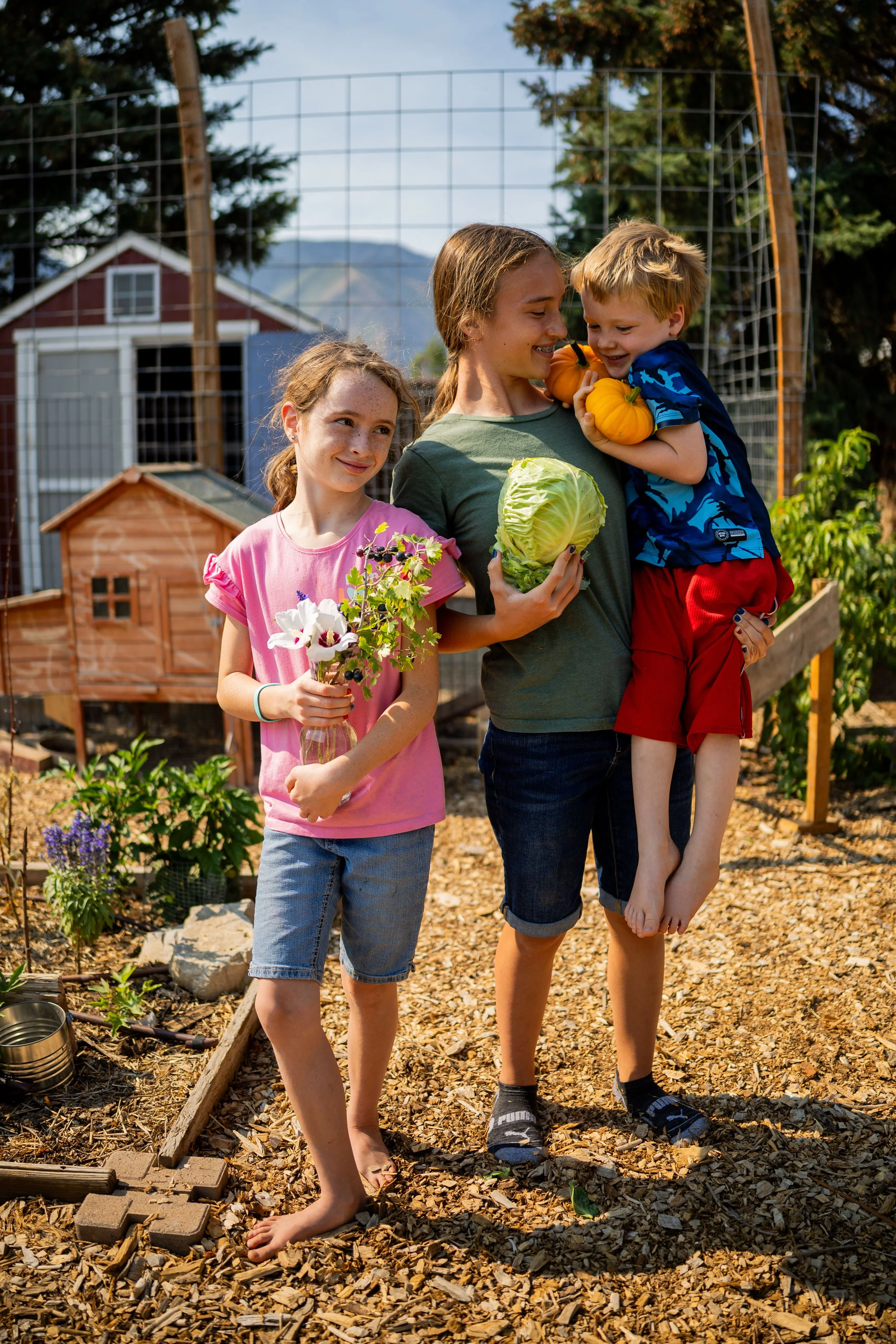  Eva Collett, 9, left, holds flowers she will be entering in the Open Class floriculture competition as Kristen Collett, 13, center, holds cabbage and Andrew Collett, 4, right, holds a pumpkin they will be entering in the Open Class vegetable competi