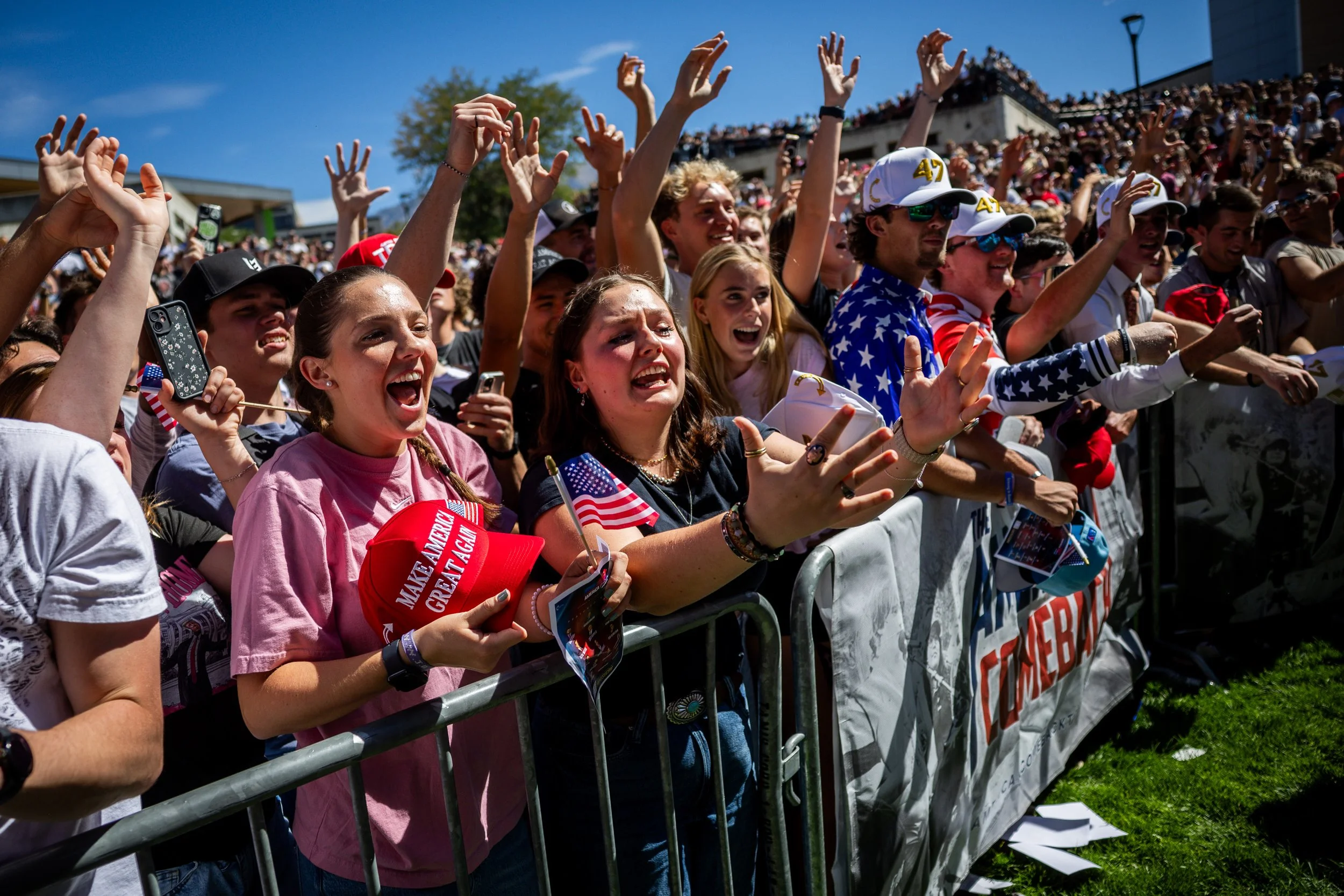  The crowd cheers as Charlie Kirk, the CEO and co-founder of the conservative youth organization Turning Point USA, hands out hats before he is fatally shot during Turning Point’s visit to Utah Valley University in Orem on Wednesday, Sept. 10, 2025. 