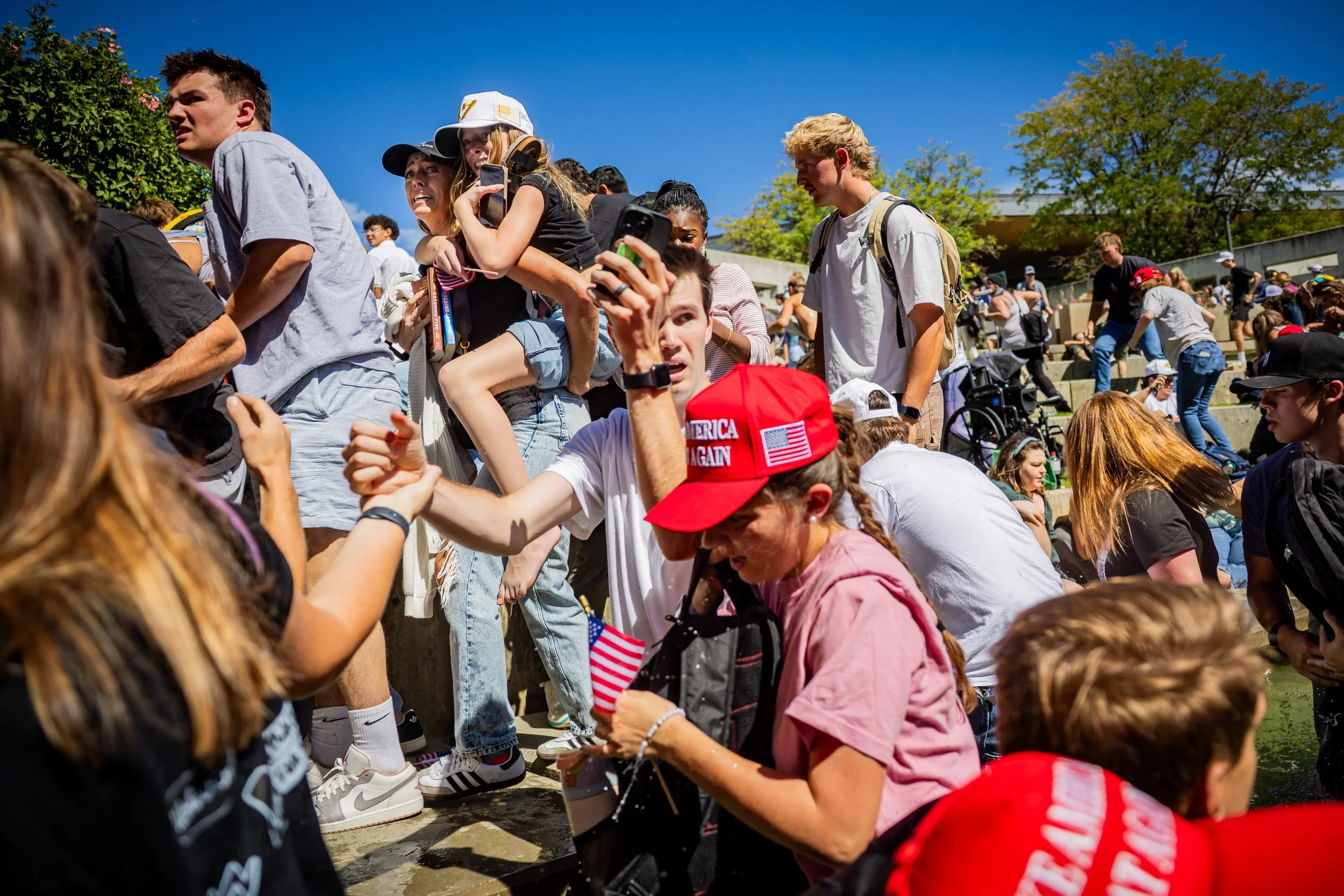  The crowd reacts after Charlie Kirk is shot during Turning Point’s visit to Utah Valley University in Orem on Wednesday, Sept. 10, 2025.   