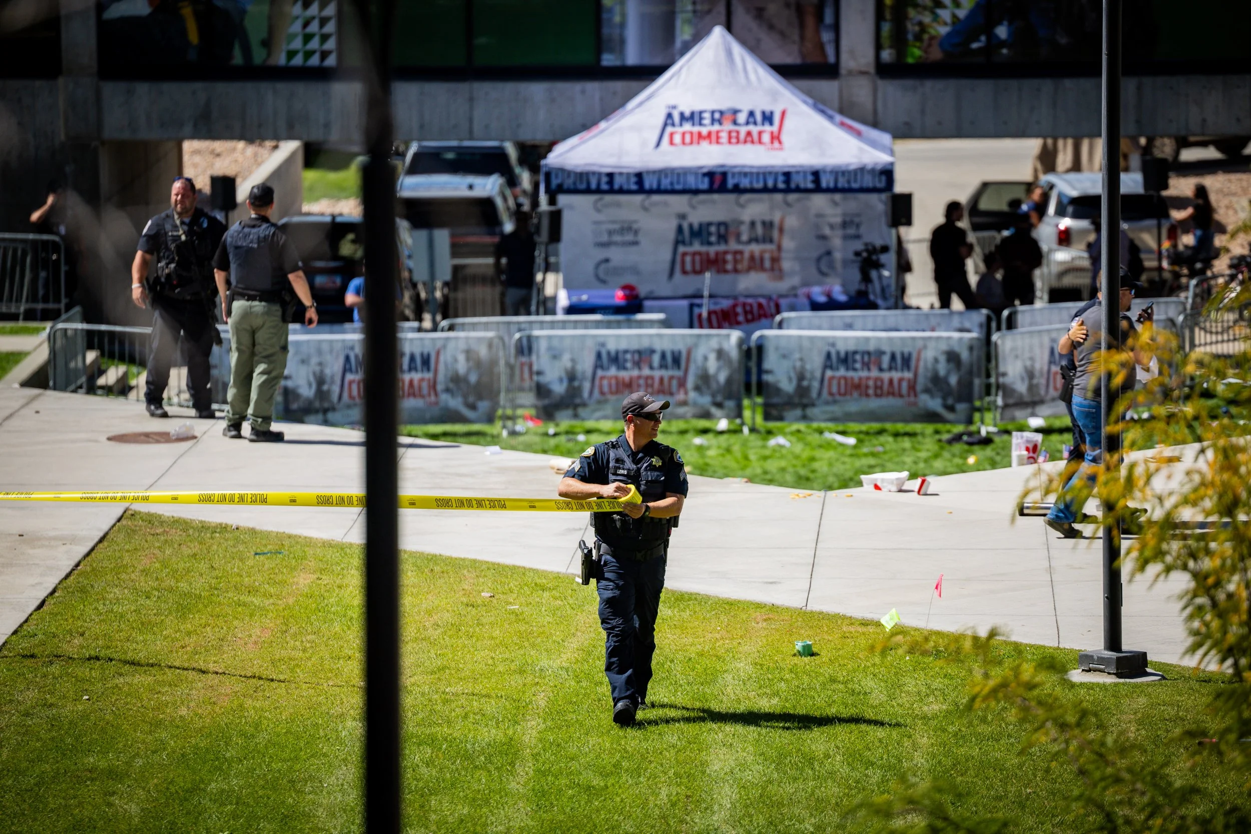  Law enforcement sets up a barricade after Charlie Kirk is shot during Turning Point’s visit to Utah Valley University in Orem on Wednesday, Sept. 10, 2025.   