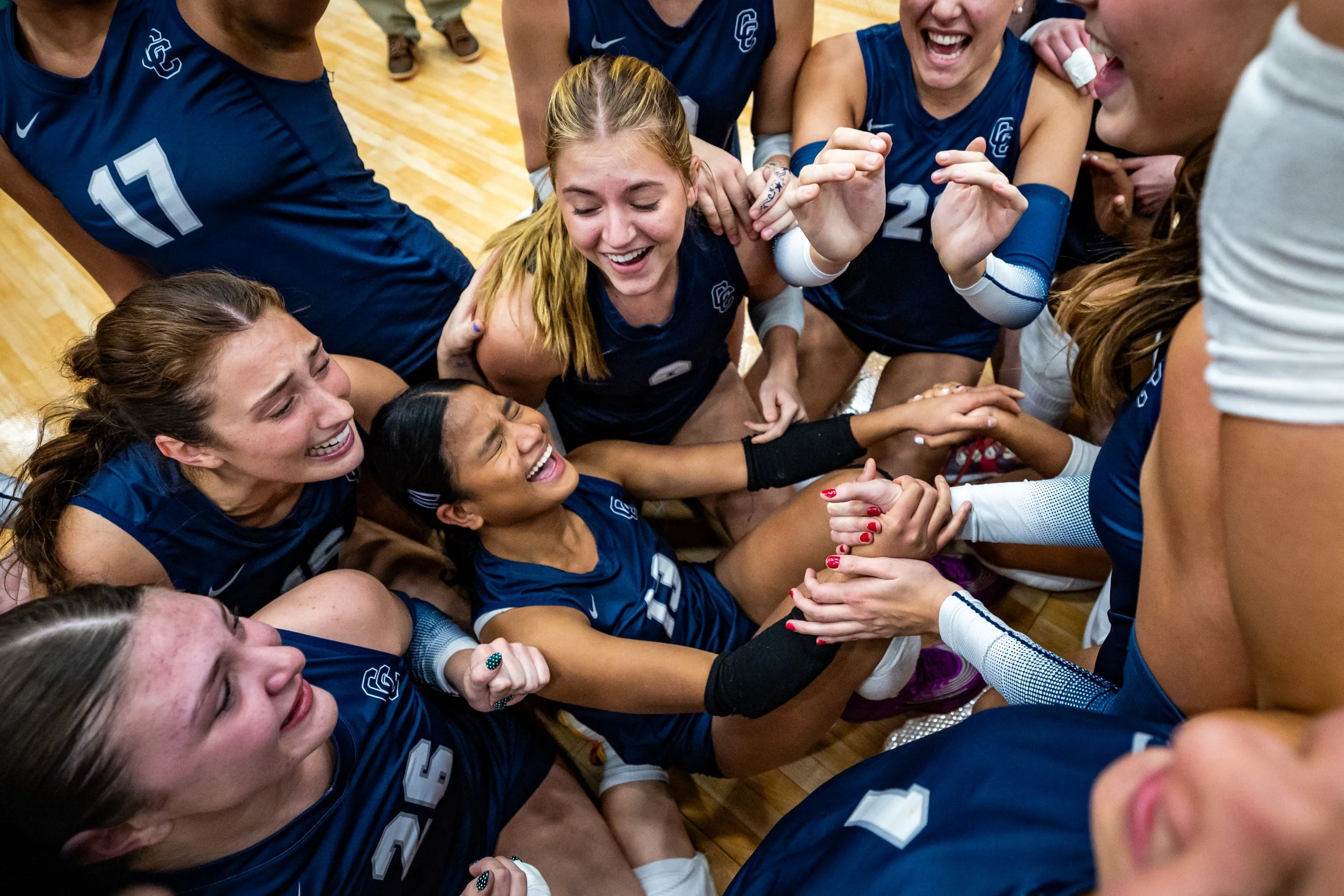 Corner Canyon celebrates after winning the 6A girls volleyball state championships against Skyridge at the UCCU Center at Utah Valley University in Orem on Thursday, Oct. 30, 2025.  