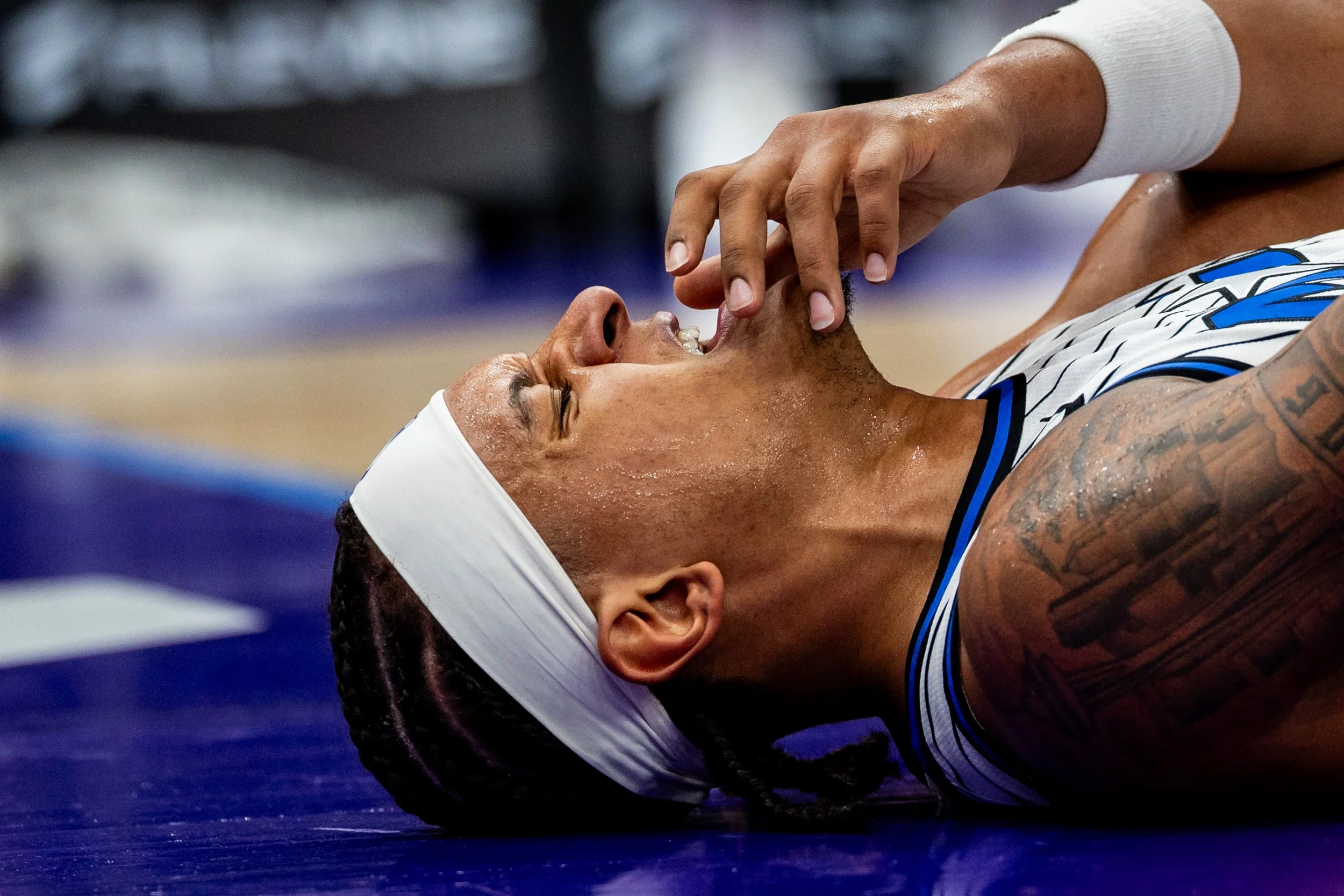  Orlando Magic forward Paolo Banchero (5) falls during an NBA game against the Utah Jazz at the Delta Center in Salt Lake City on Saturday, Dec. 20, 2025. 
