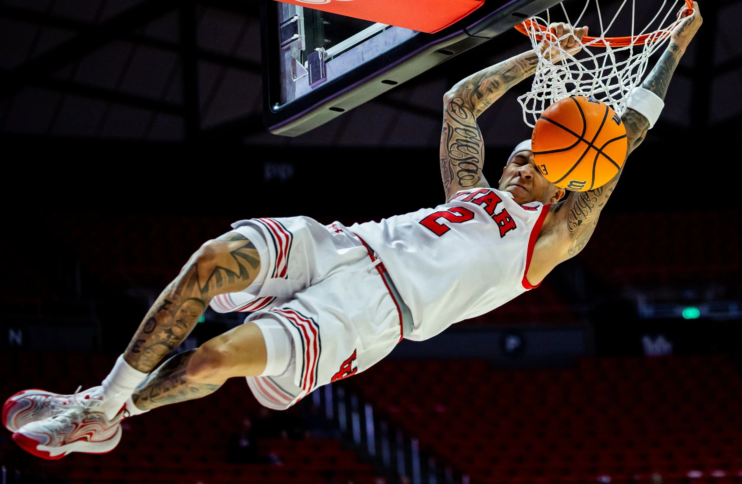  Utah Utes guard Terrence Brown (2) dunks the ball during an NCAA men’s basketball exhibition game against the Nevada Wolf Pack at the Jon M. Huntsman Center in Salt Lake City on Friday, Oct. 17, 2025. 