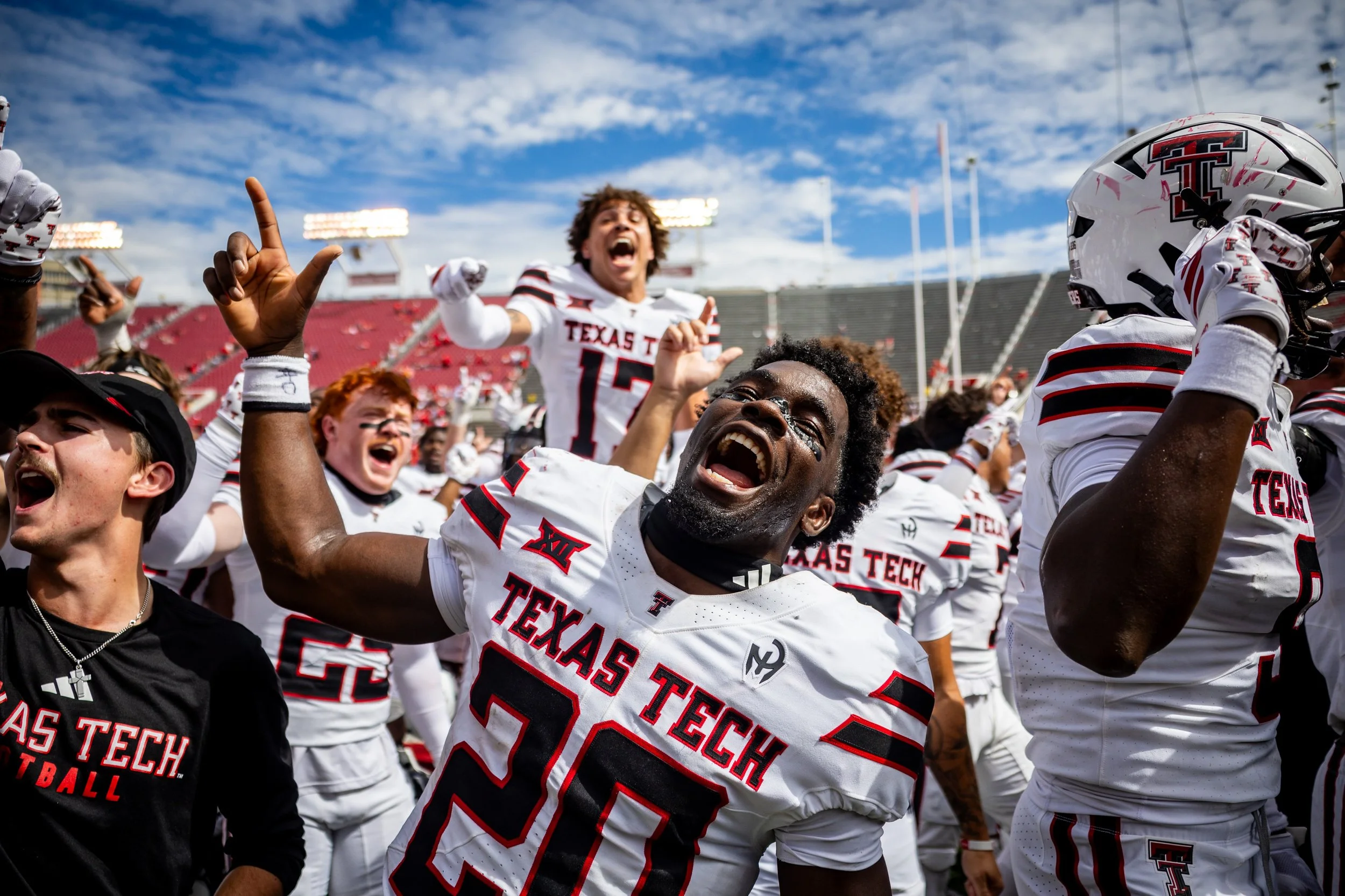  The Texas Tech Red Raiders celebrate after the Texas Tech University Red Raiders won 34-10 in an NCAA football game against the University of Utah Utes held at Rice-Eccles Stadium in Salt Lake City on Saturday, Sept. 20, 2025.  