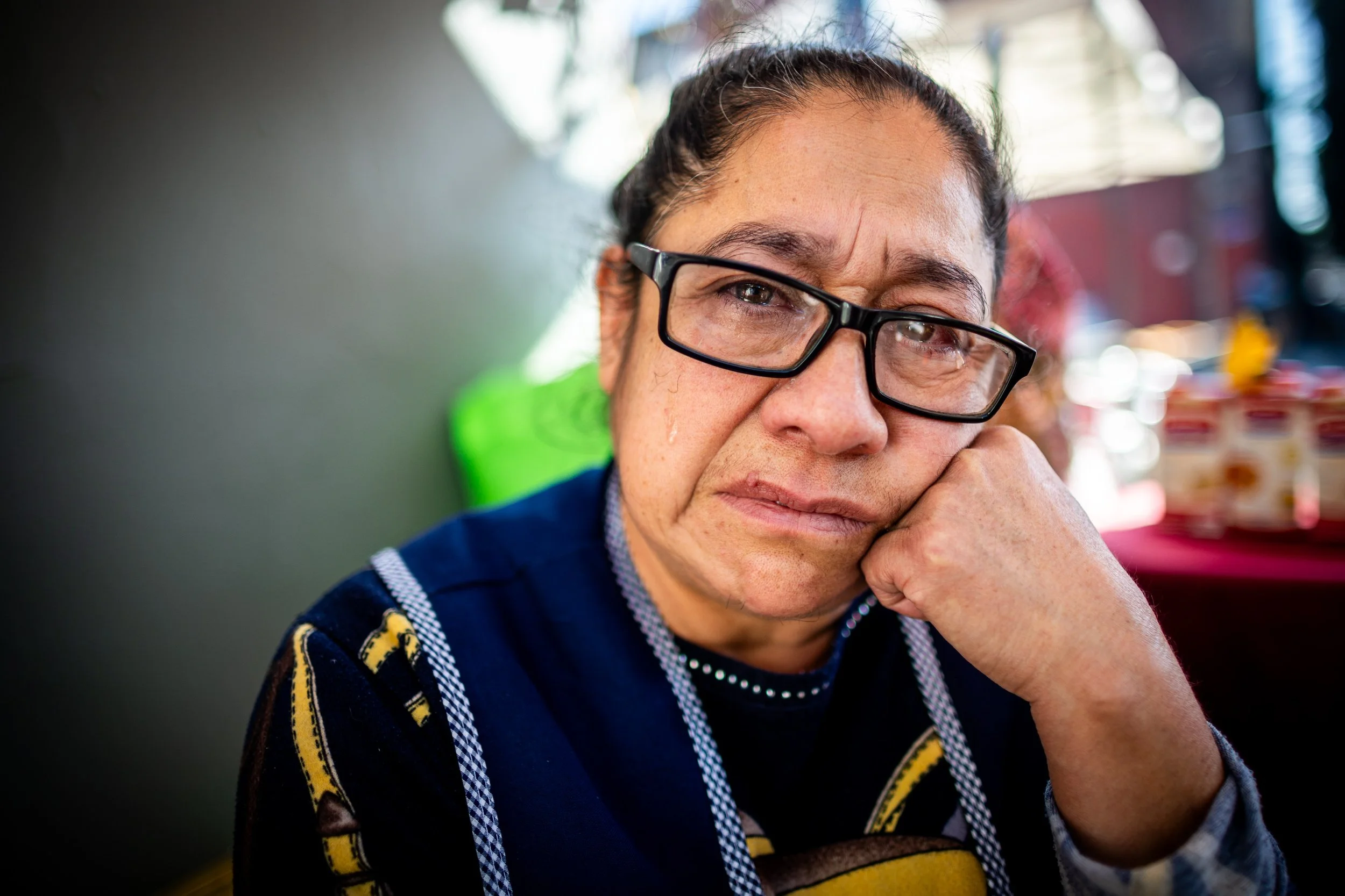  Carmen Rodríguez Rubio, 57, poses while tearful at her stand where she sells coffee and other food in Mexico City on Friday, Feb. 7, 2025. Carmen’s daughter is still in the United States and was in the hospital recently. “I ask God to arrange my pap