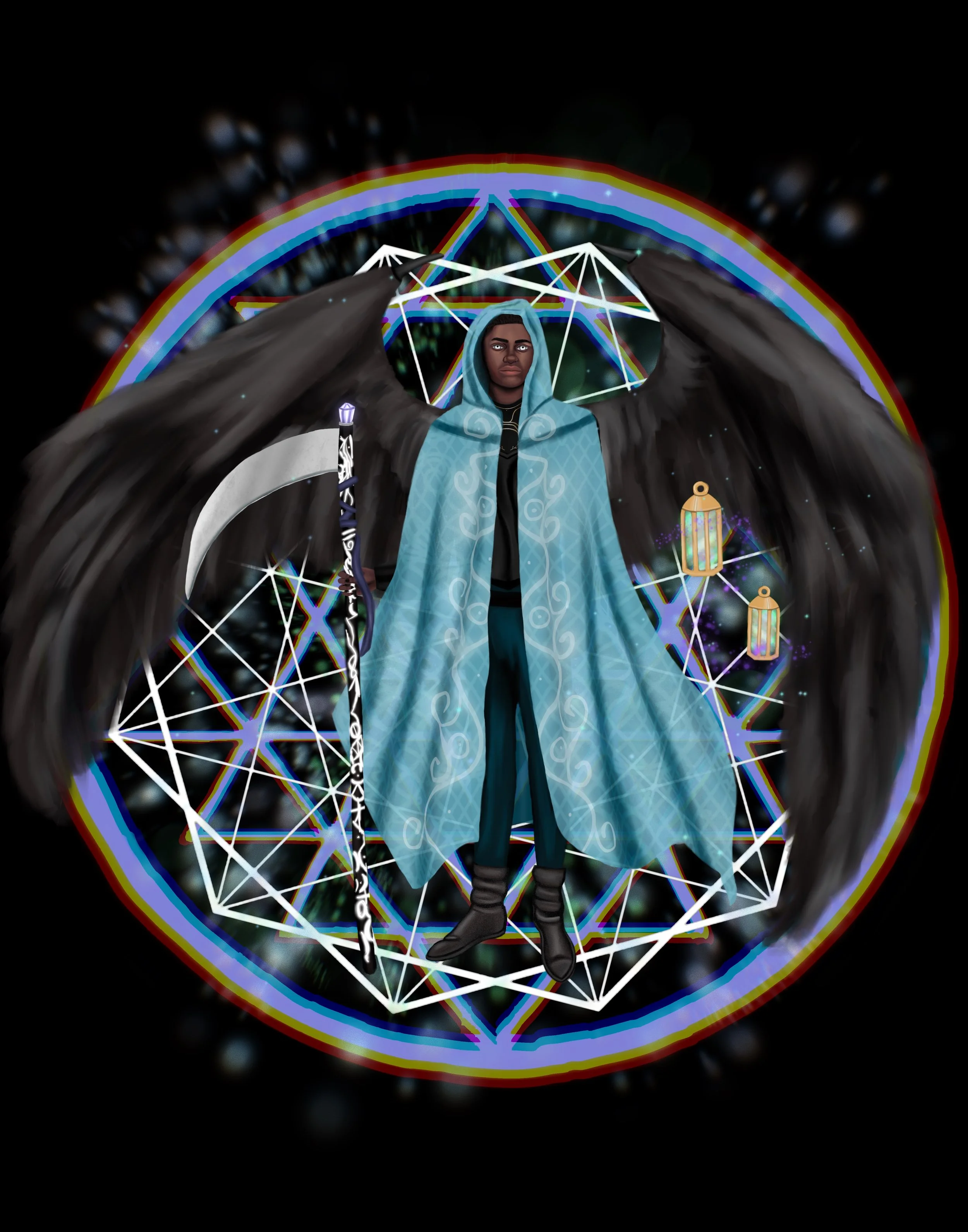 Azrael, he is the angel of death and grieving. He helps people cross over and helps people grieve. This is how i see Azrael or how he appears to me. Azrael is the guardian of the in between of our world and the heavenly world.