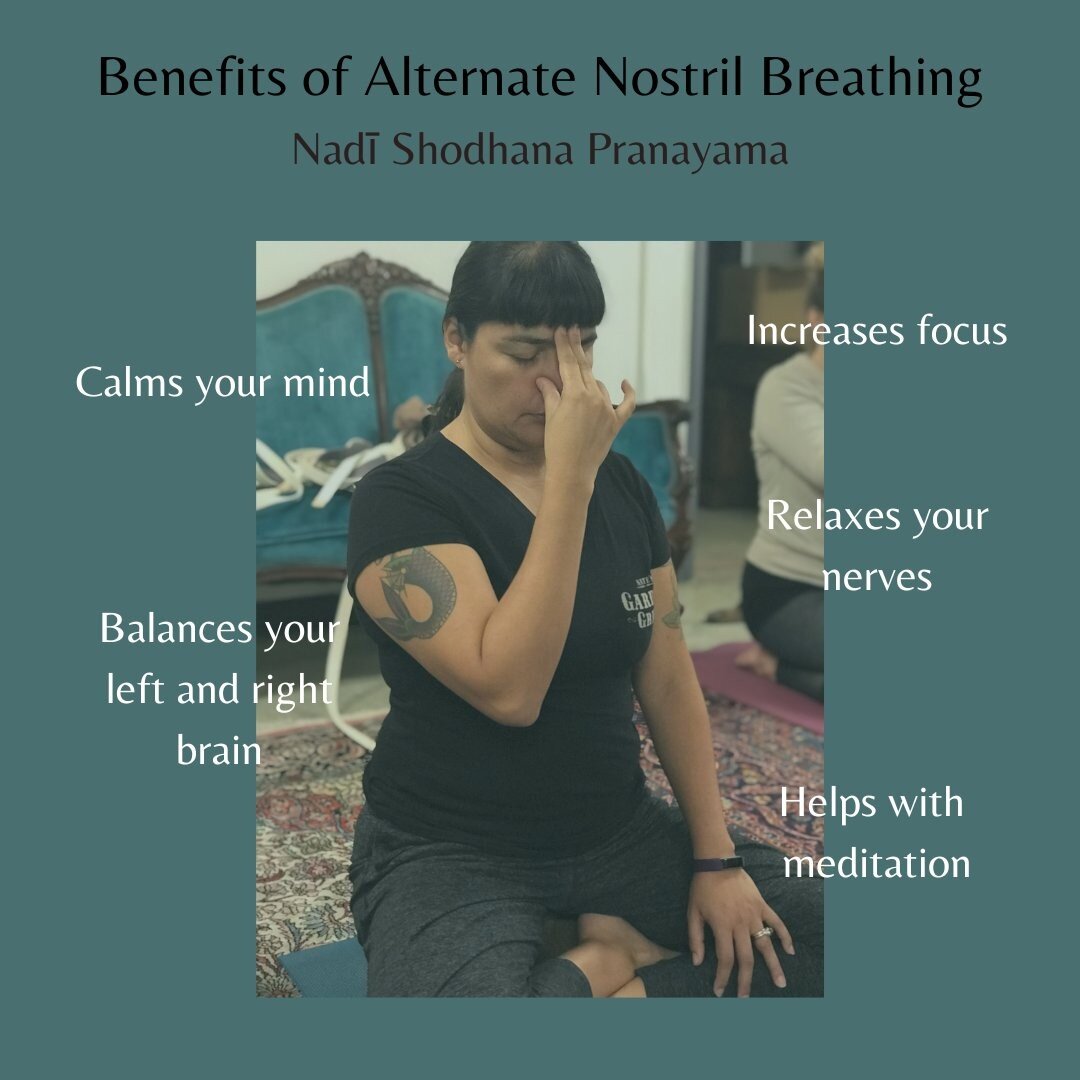 Alternate nostril breathing (Nadī Shodhana) is a simple breathing practice in which you breathe alternately in one nostril and out the other, using the gentle pressure of your fingers to open and close your nostrils. 

This technique helps to balance