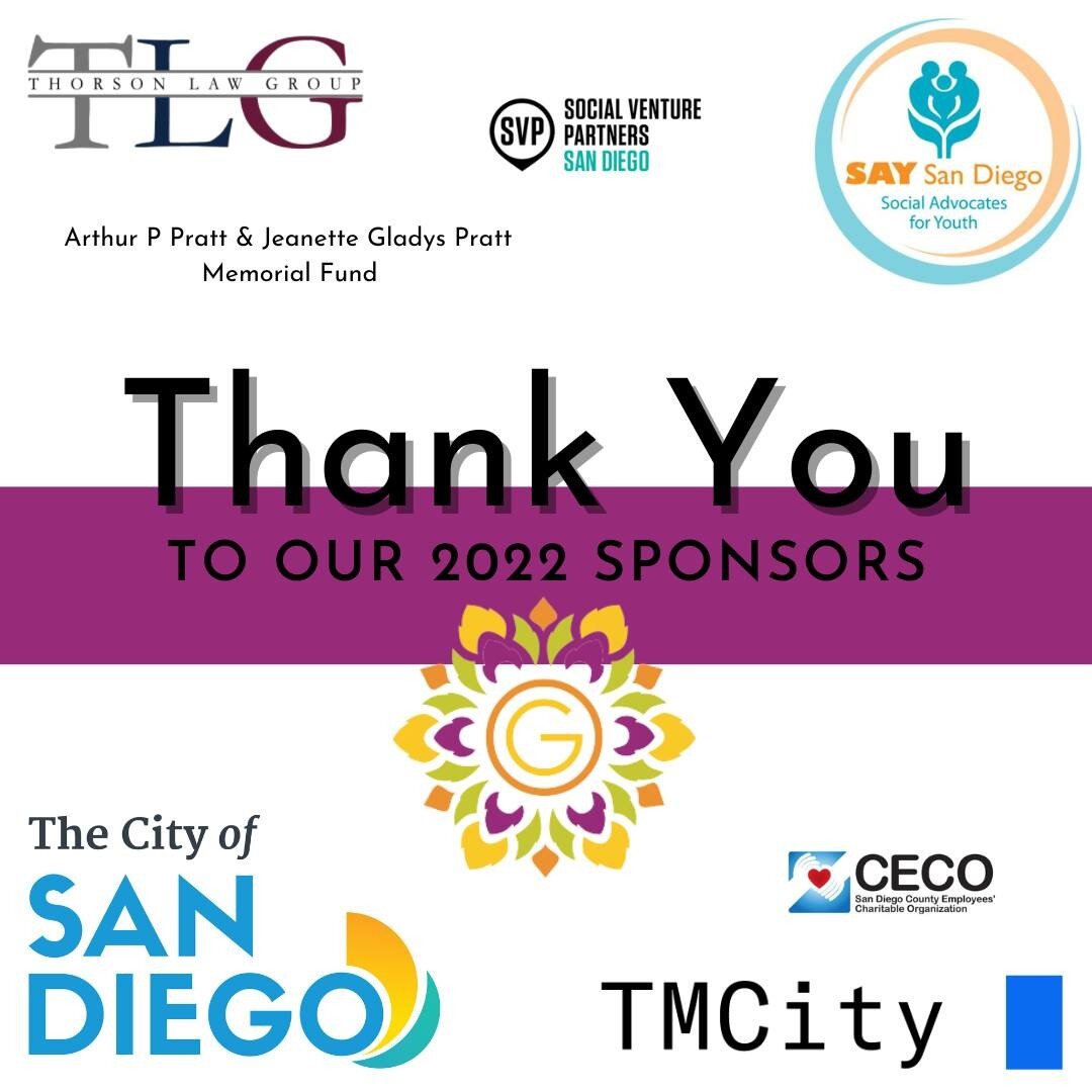 THANK YOU to our 2022 sponsors 💜💜💜

▪️City of San Diego Small Business and Nonprofit Relief Fund 
▪️SAY San Diego 
▪️TMCity 
▪️Thorson Law Group 
▪️Arthur P Pratt &amp; Jeanette Gladys Pratt Memorial Fund 
▪️San Diego County Employees' Charitable 