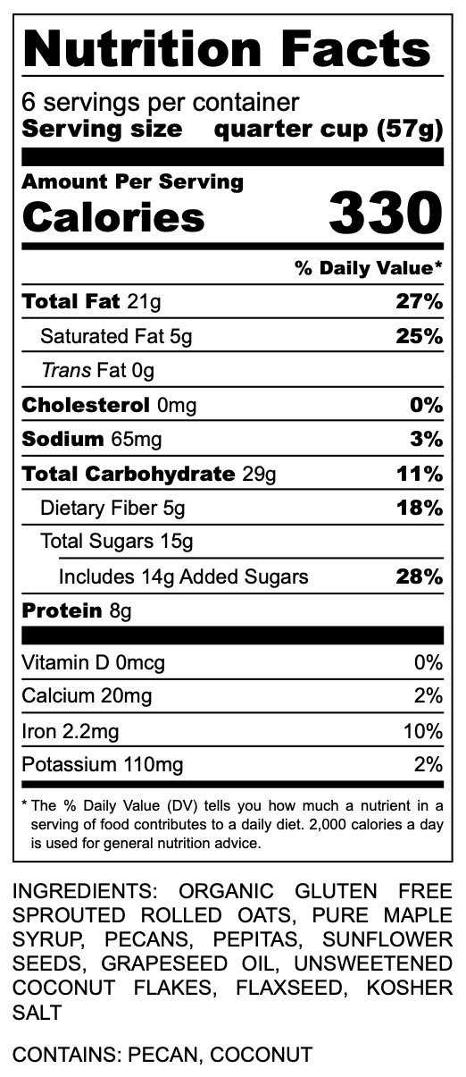 Nutrition facts label showing serving size, calories, fats, cholesterol, sodium, carbohydrates, sugars, protein, vitamins, minerals, ingredients, and allergen information for a food product.