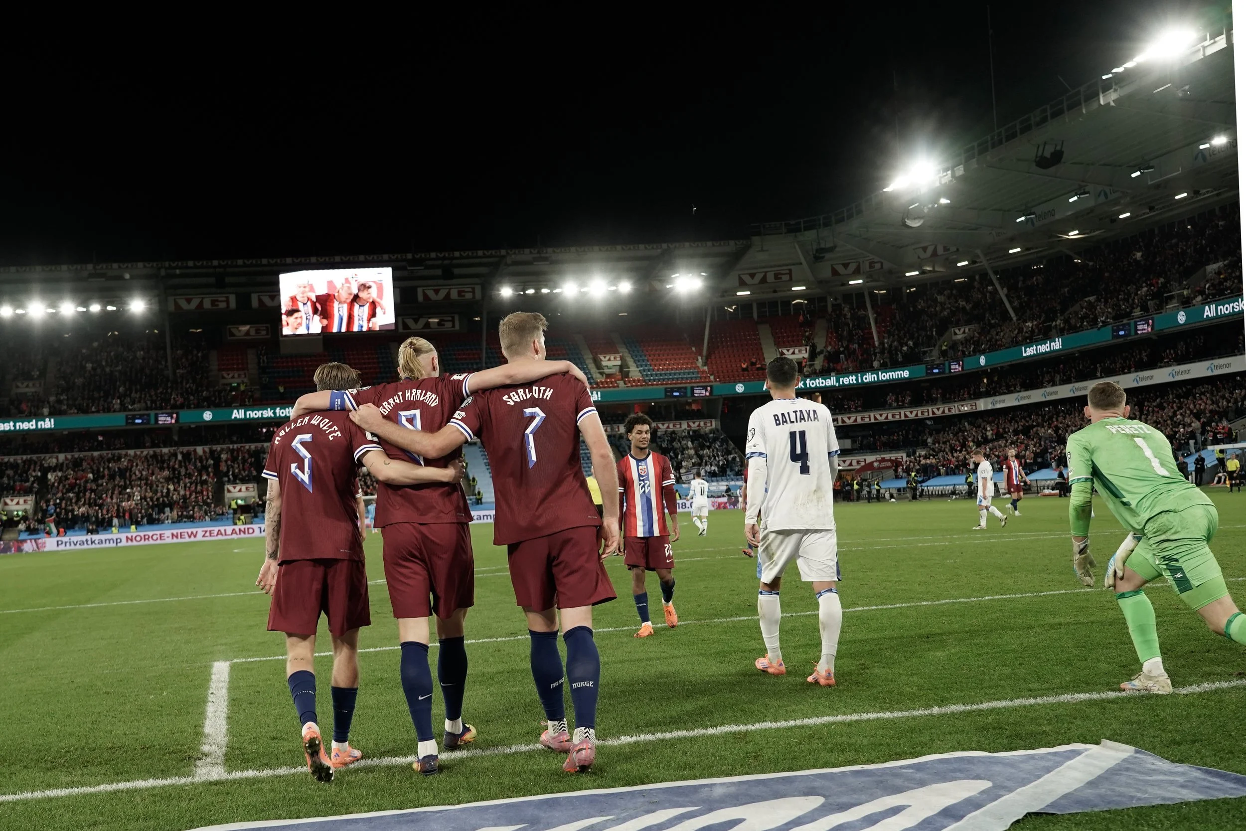 David Møller-Wolfe, Erling Braut Haaland and Alexander Sørloth celebrate a 5-0 victory over Israel in the World Cup qualifiers