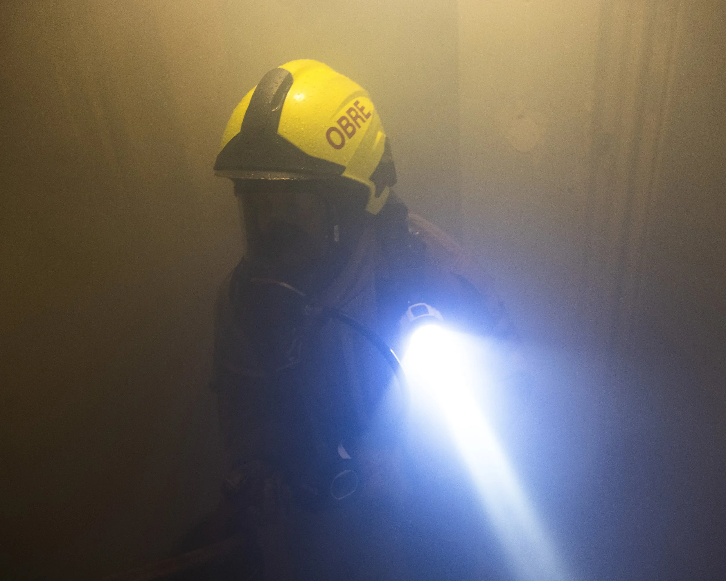 Petter is a smoke diver and firefighter. Here on a training mission.