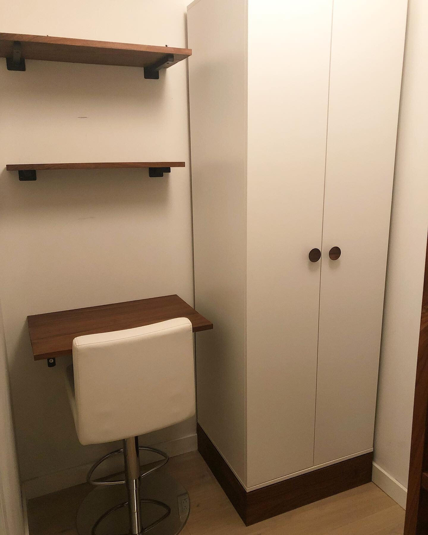 Another custom shelving project complete! Black walnut stain matched to a previous shelving unit. Beautiful wood to work with. We created 4 shelves and a base for a cupboard. Client wanted to make better use of a large storage space.