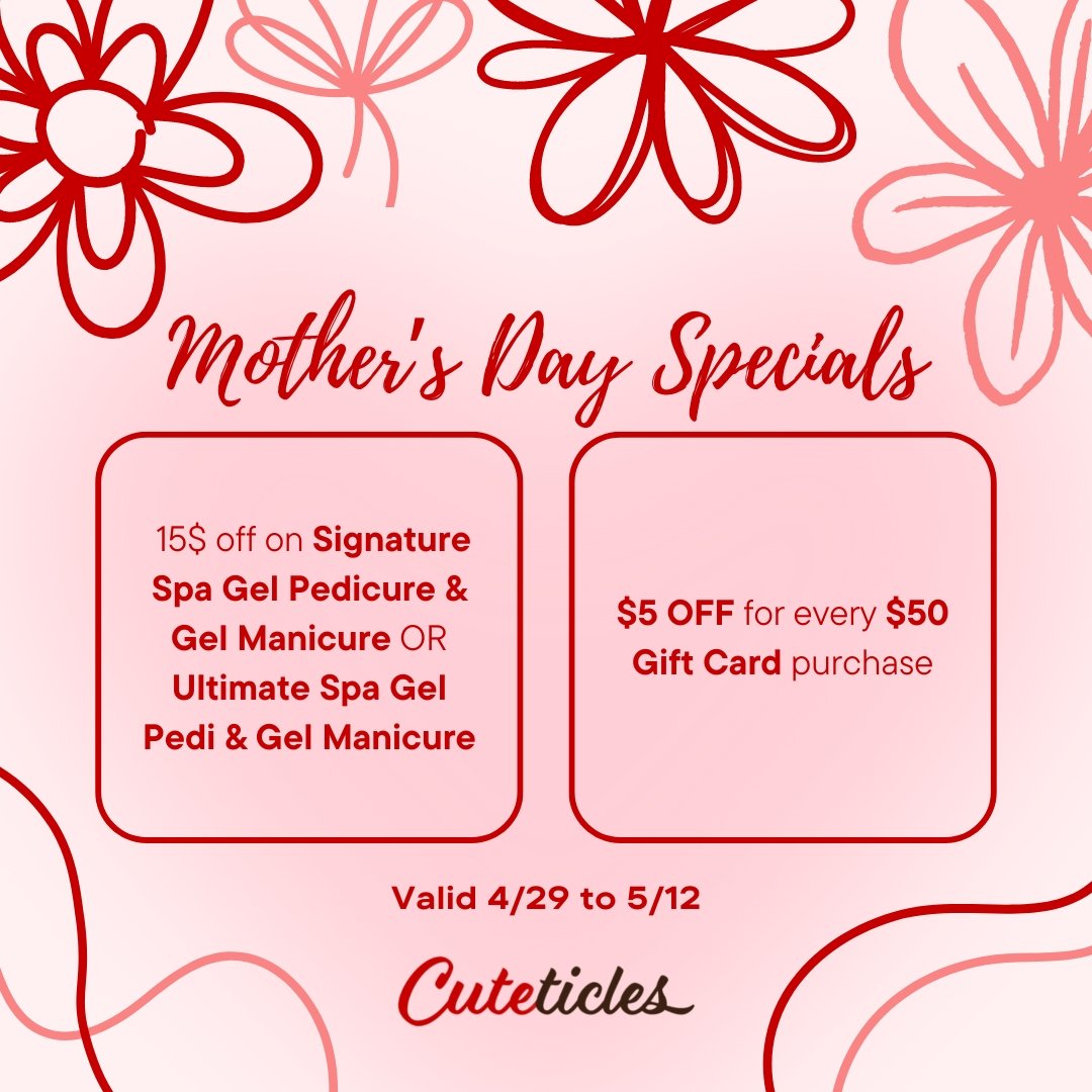 Make Mom's day sparkle with love and pampering! ๐โจ Treat her to the ultimate relaxation experience with our special Mother's Day promos here at Cuteticles.
Promos valid from 4/29 to 5/12 at all Cuteticles locations.