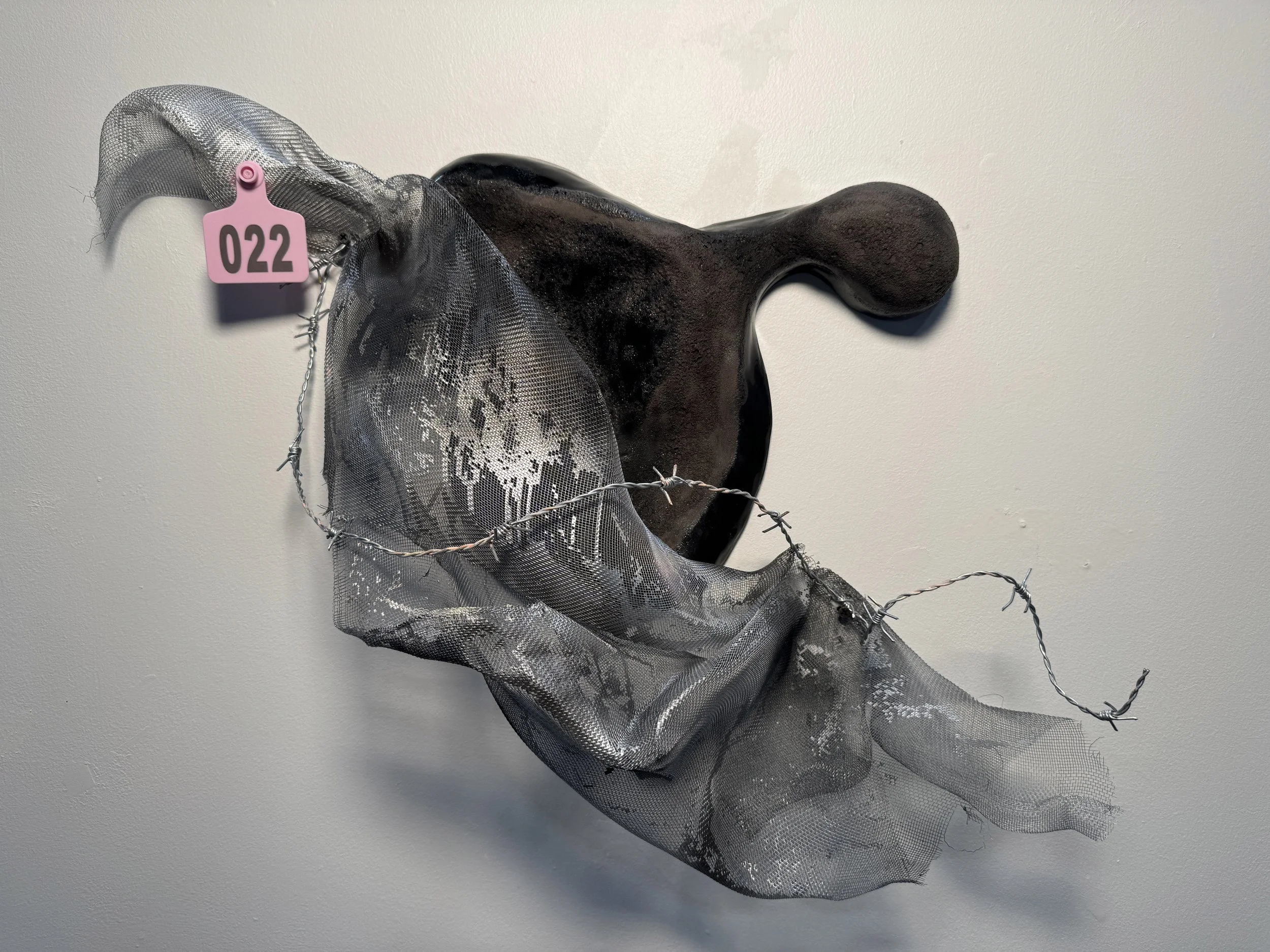 The Devil's Rope | 2025 | Stoneware, wire mesh, barbed wire, cattle tag