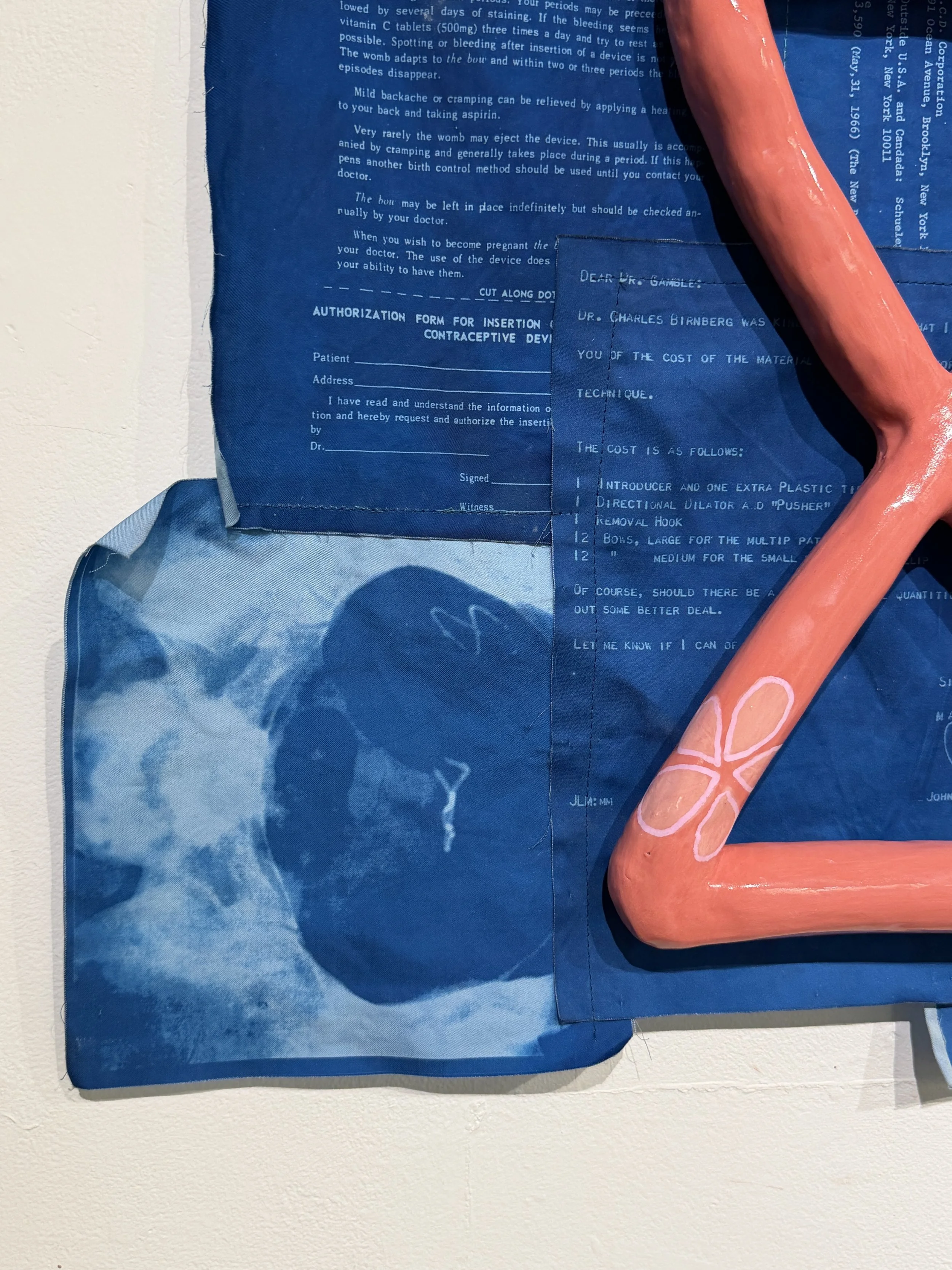 Bow (detail) | 2026 | Stoneware, cyanotype cotton, embroidery thread