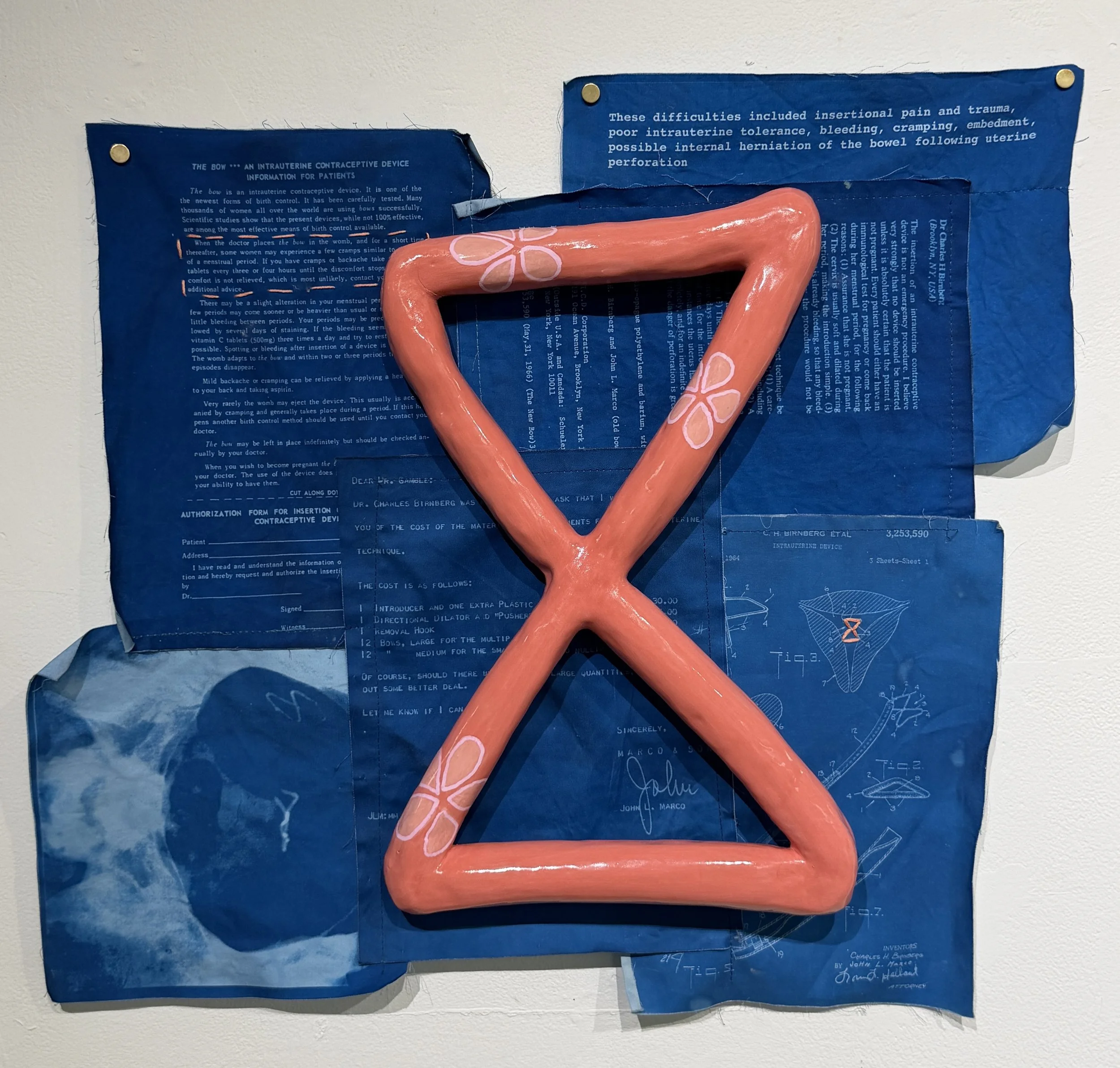 Bow | 2026 | Stoneware, cyanotype cotton, embroidery thread