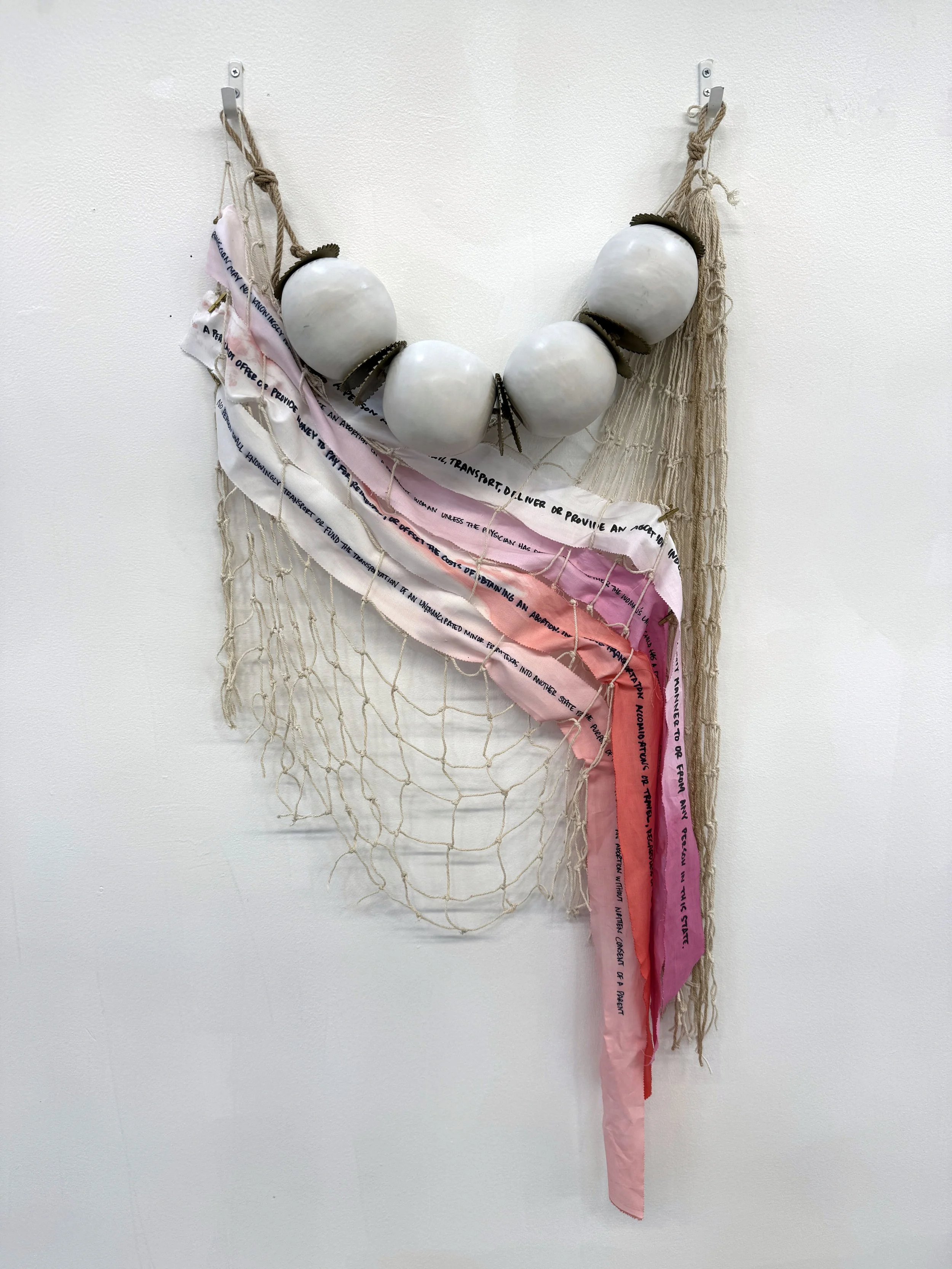 Peligro No Cruzar Danger Do Not Cross | 2025 | Stoneware, saw blades, rope, netting, cotton fabric, ink