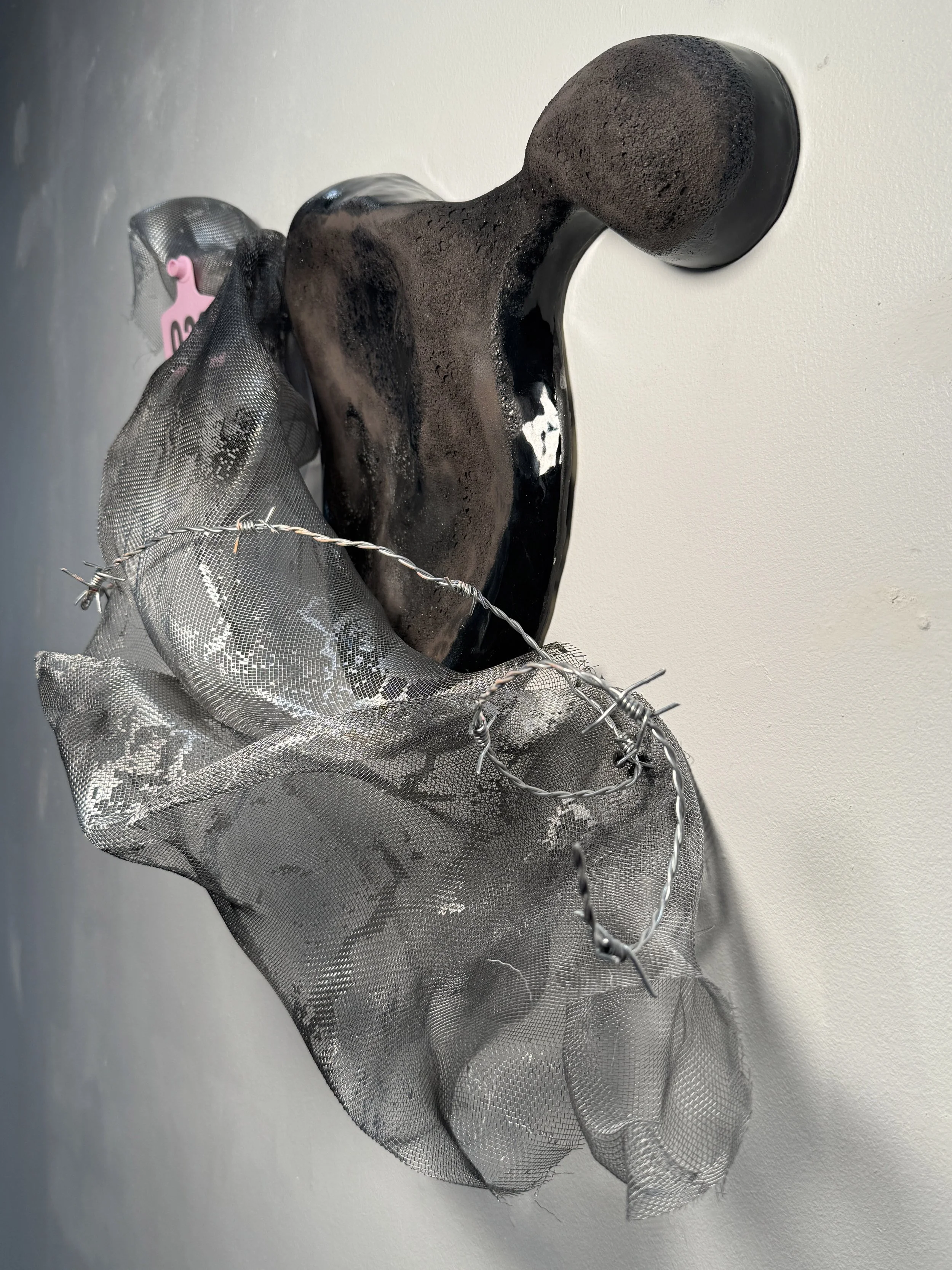 The Devil's Rope | 2025 | Stoneware, wire mesh, barbed wire, cattle tag