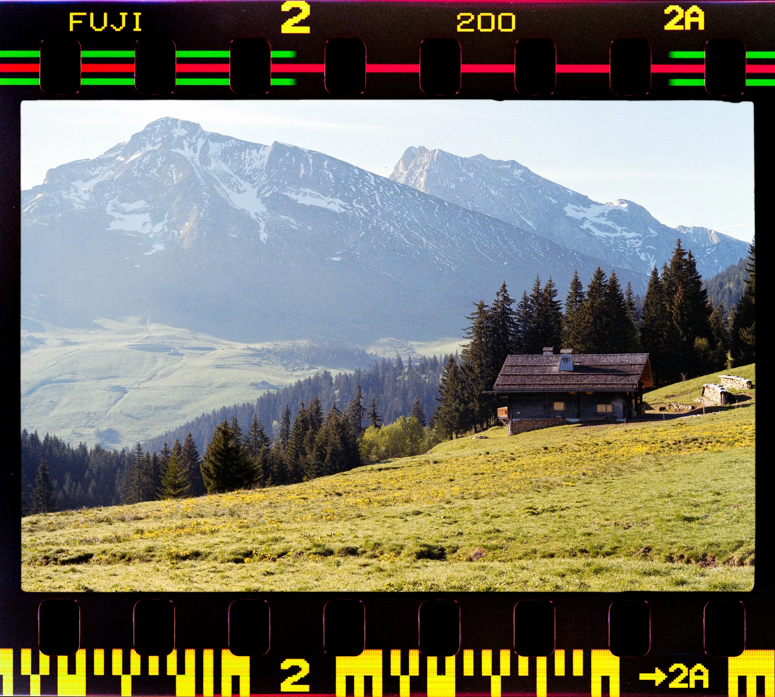 Photograph of a mountain landscape with snowy peaks and green forests, taken from a distance with a clear sky above.