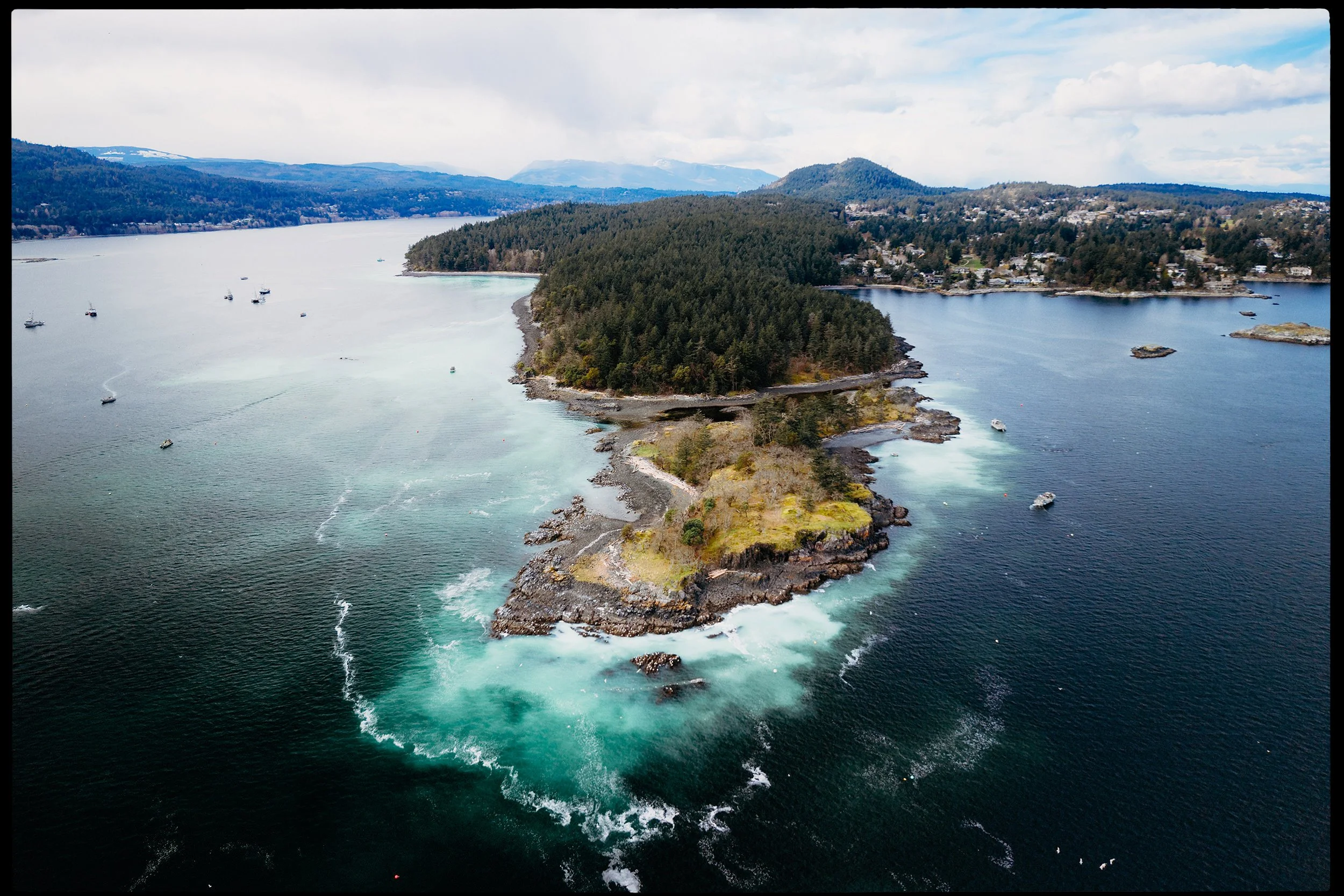 An aerial view of a forested island in a body of water with boats and a coastal community in the background.