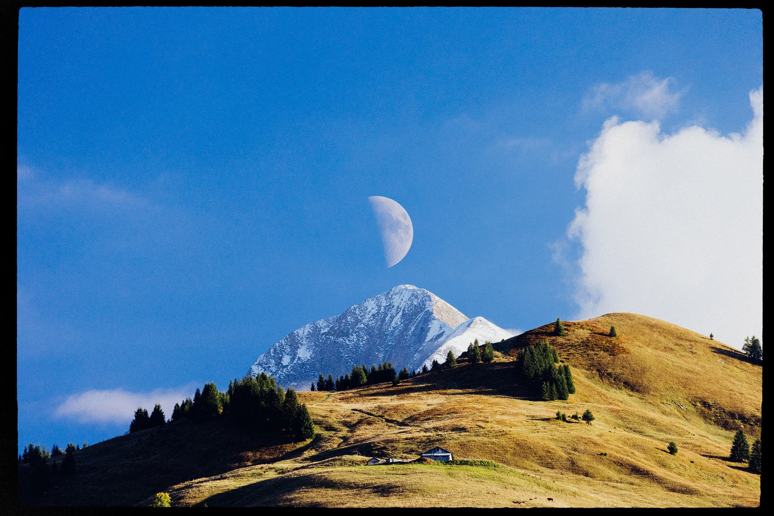 Mountain landscape with snow-capped peaks, green and yellow grassy hills, scattered trees, a small house, and a partially cloudy sky with a visible moon.