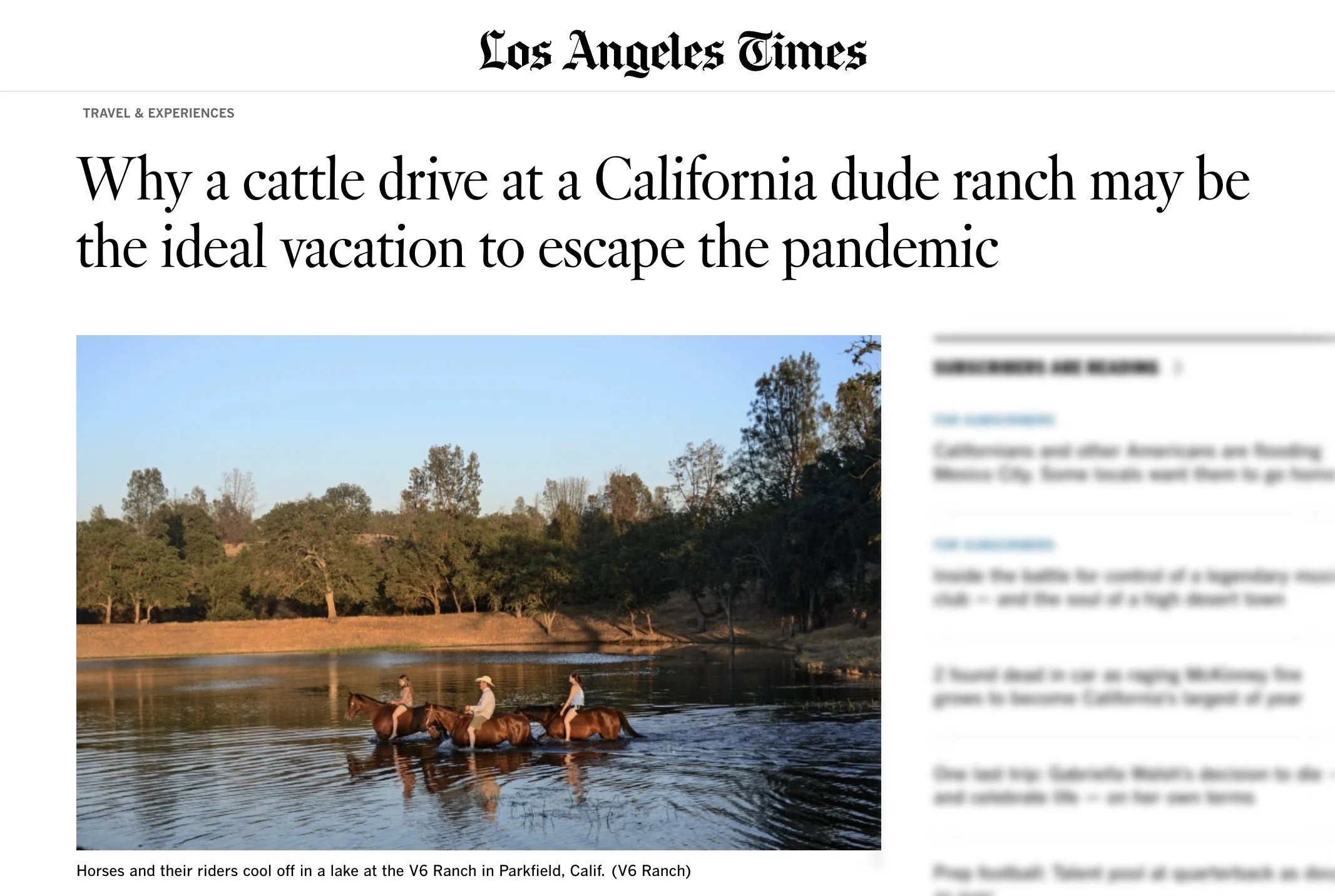 V6 Ranch California Central Coast Dude Ranch Guest Ranch Cattle Drives Cowboy School LA Times