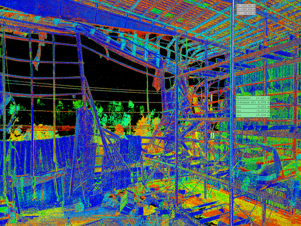 Point cloud data, collected using the Leica BLK360, showing damage to exterior wall of large-volume building (Marshall et al., 2020).