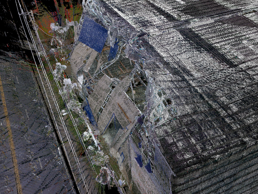 Point cloud showing buckled steel framing from inside large-volume building (Marshall et al., 2020).