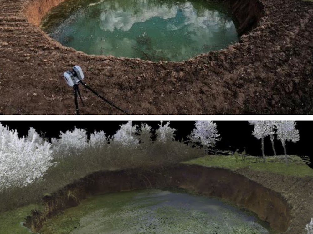 The RAPID facility’s lightweight ground-based light system shown in use in Croatia (top). Lower image is a 3-D point cloud of a sinkhole derived from the lidar scan. (Images courtesy of GEER)