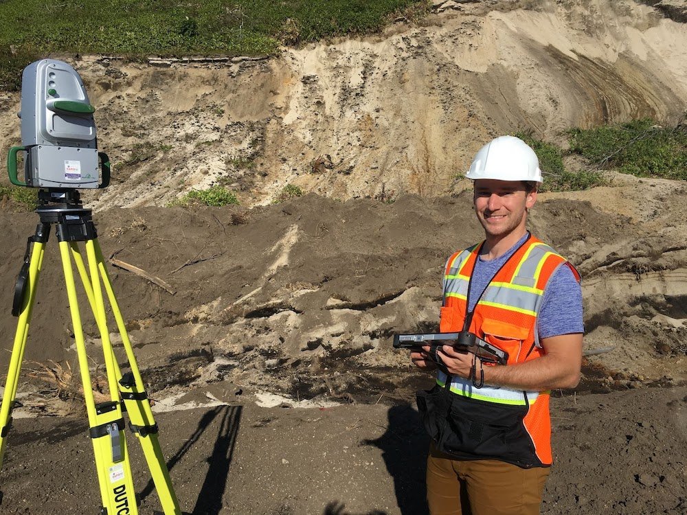 Dr. Alex Grant using the Maptek XR3 to capture features of a co-seismic landslide. 