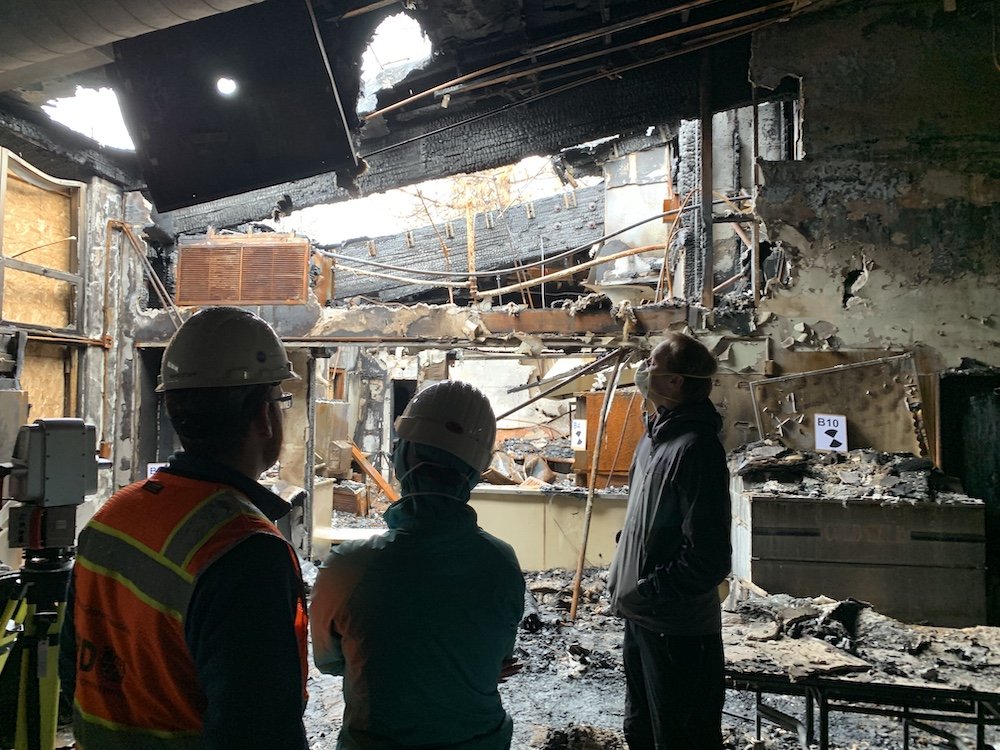 RAPID staff collect data on the interior of a burned structure in Paradise, CA. (Photo: Erica Fischer)