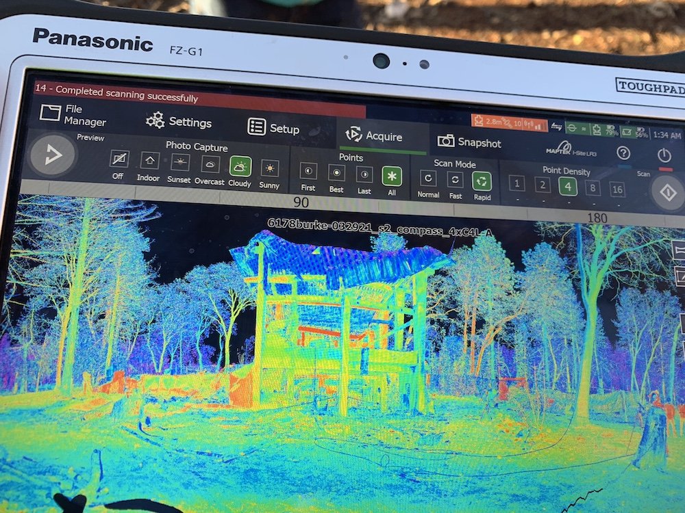 Terrestrial lidar data collection of a wildfire destroyed concrete frame home.