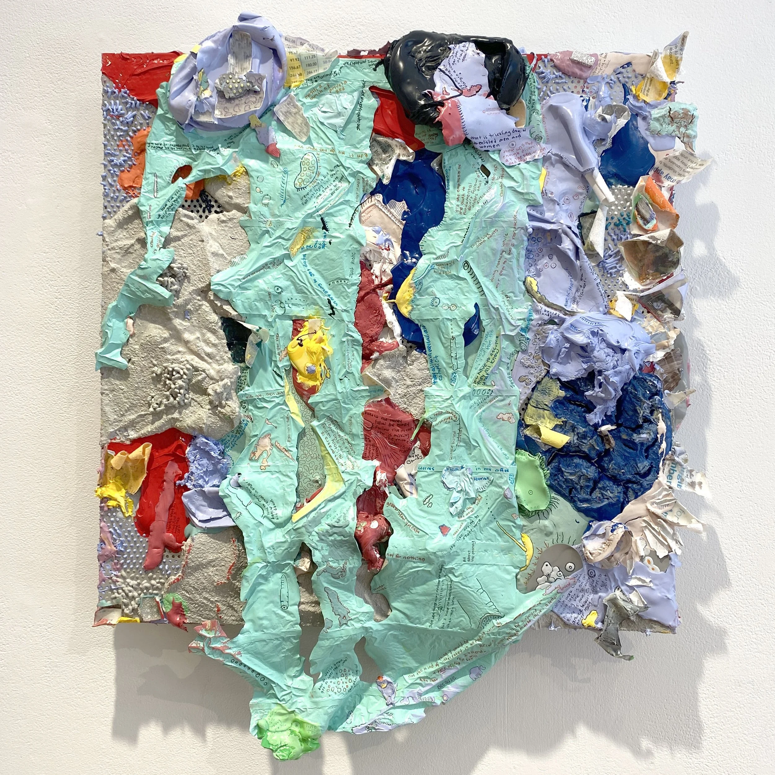Worms in my Coffee, acrylic, paper, on repurposed perforated aluminum fencing strips, 22×18 inches, 2026